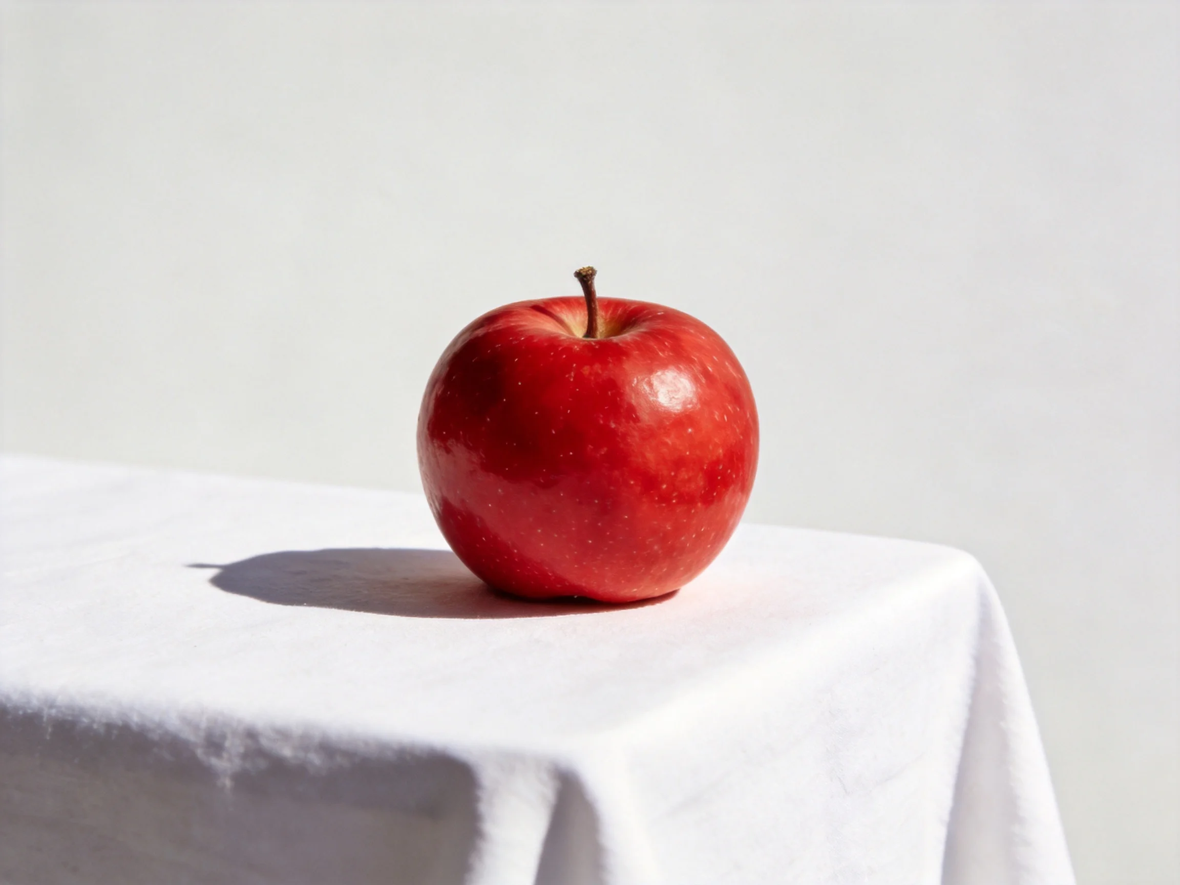 A single vibrant red apple sits atop a crisp white cloth