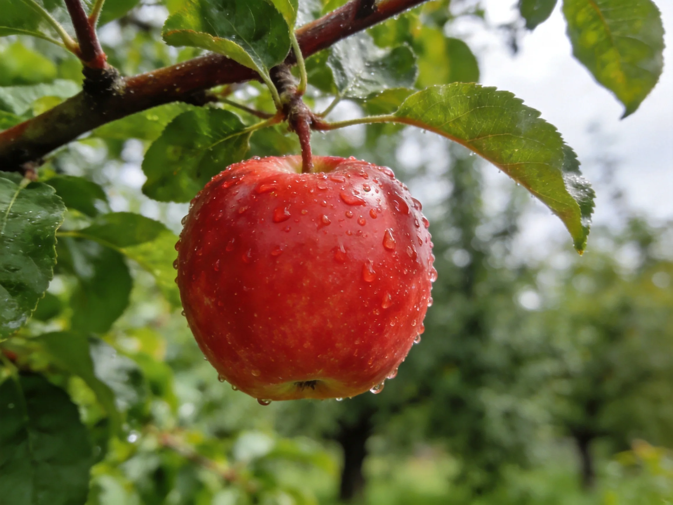 A single vibrant red apple with water droplets hangs from a tree branch