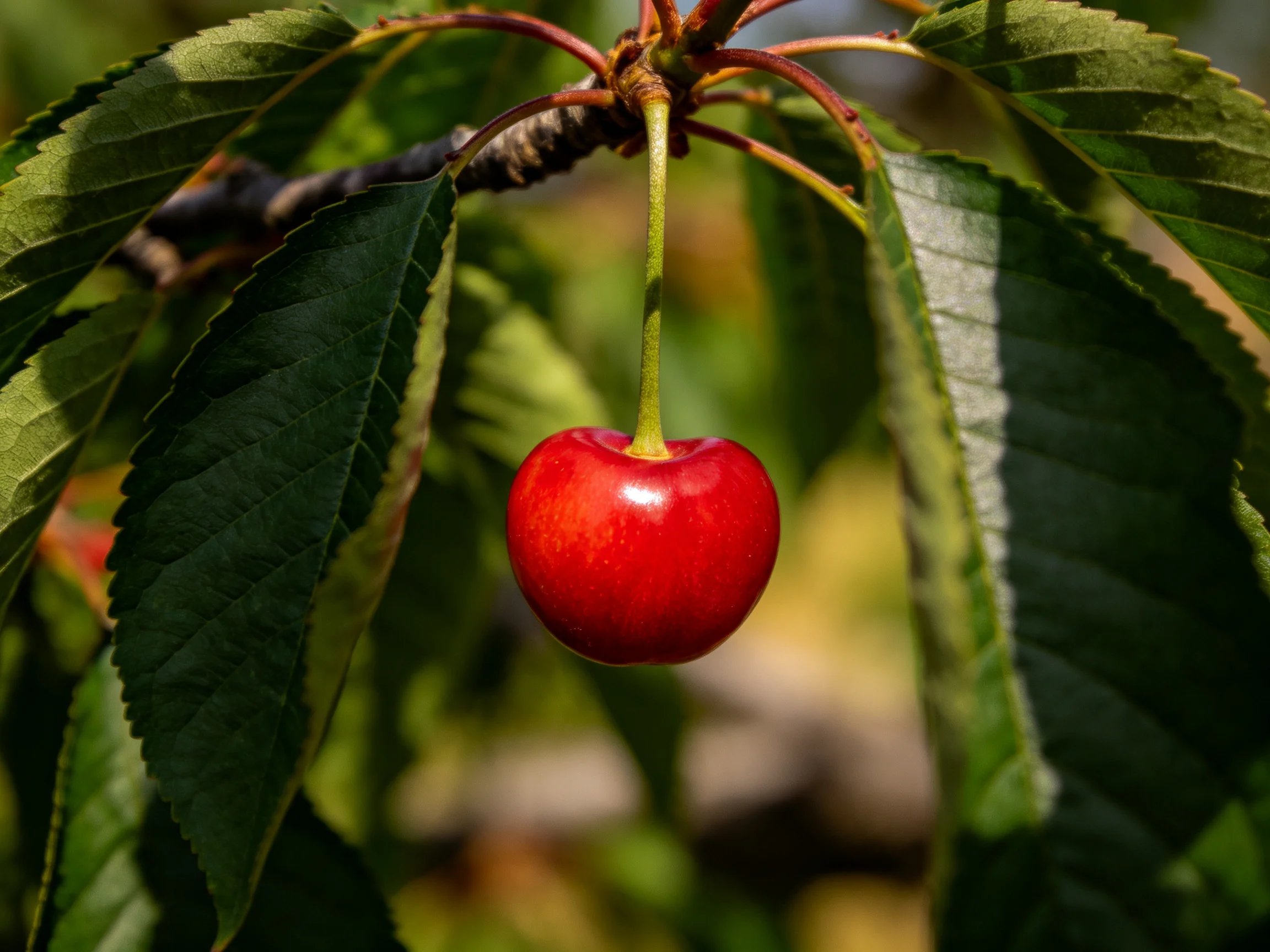 A single vibrant red cherry hangs among lush green leaves