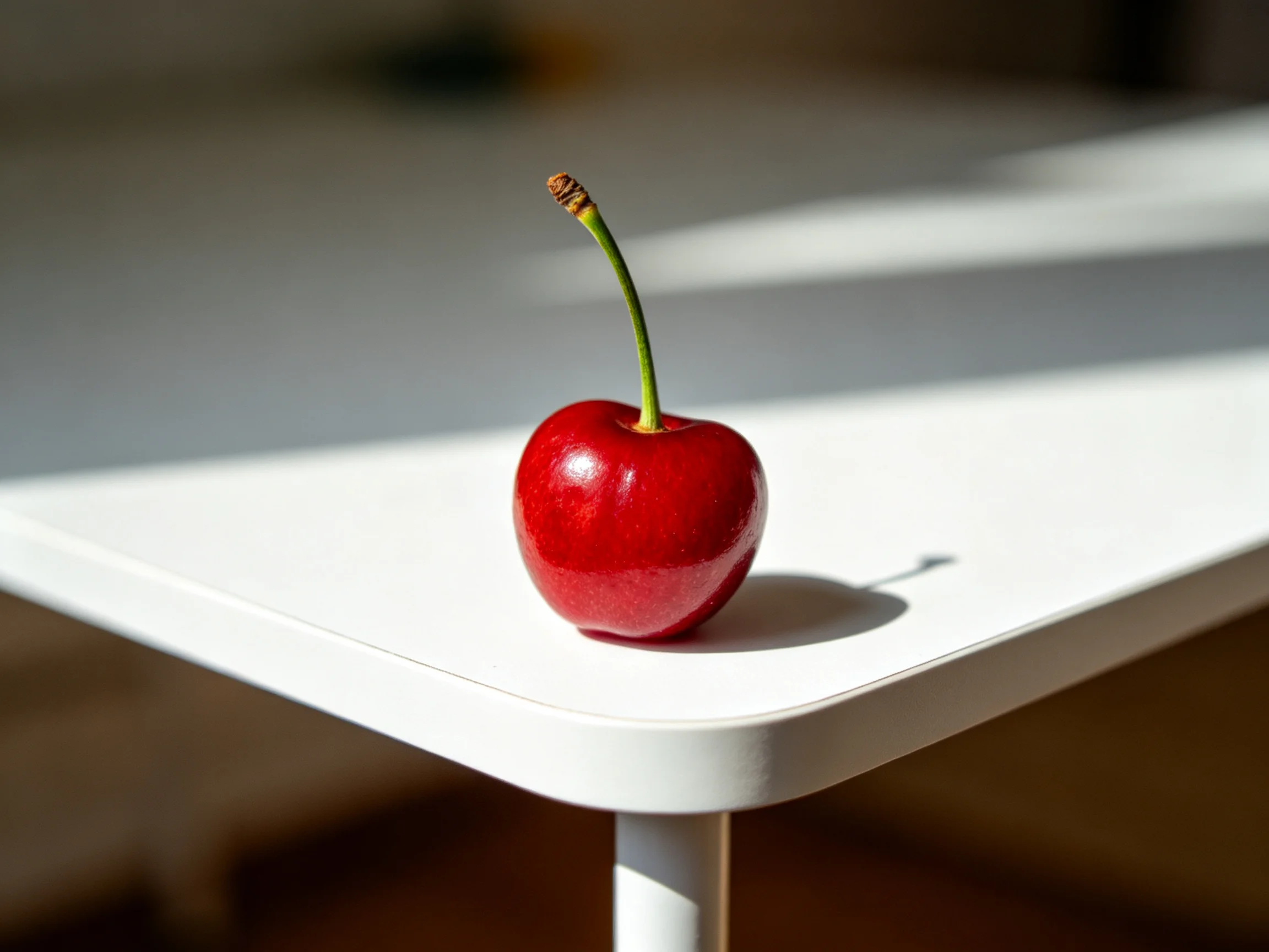 A single vibrant red cherry sits on a white table