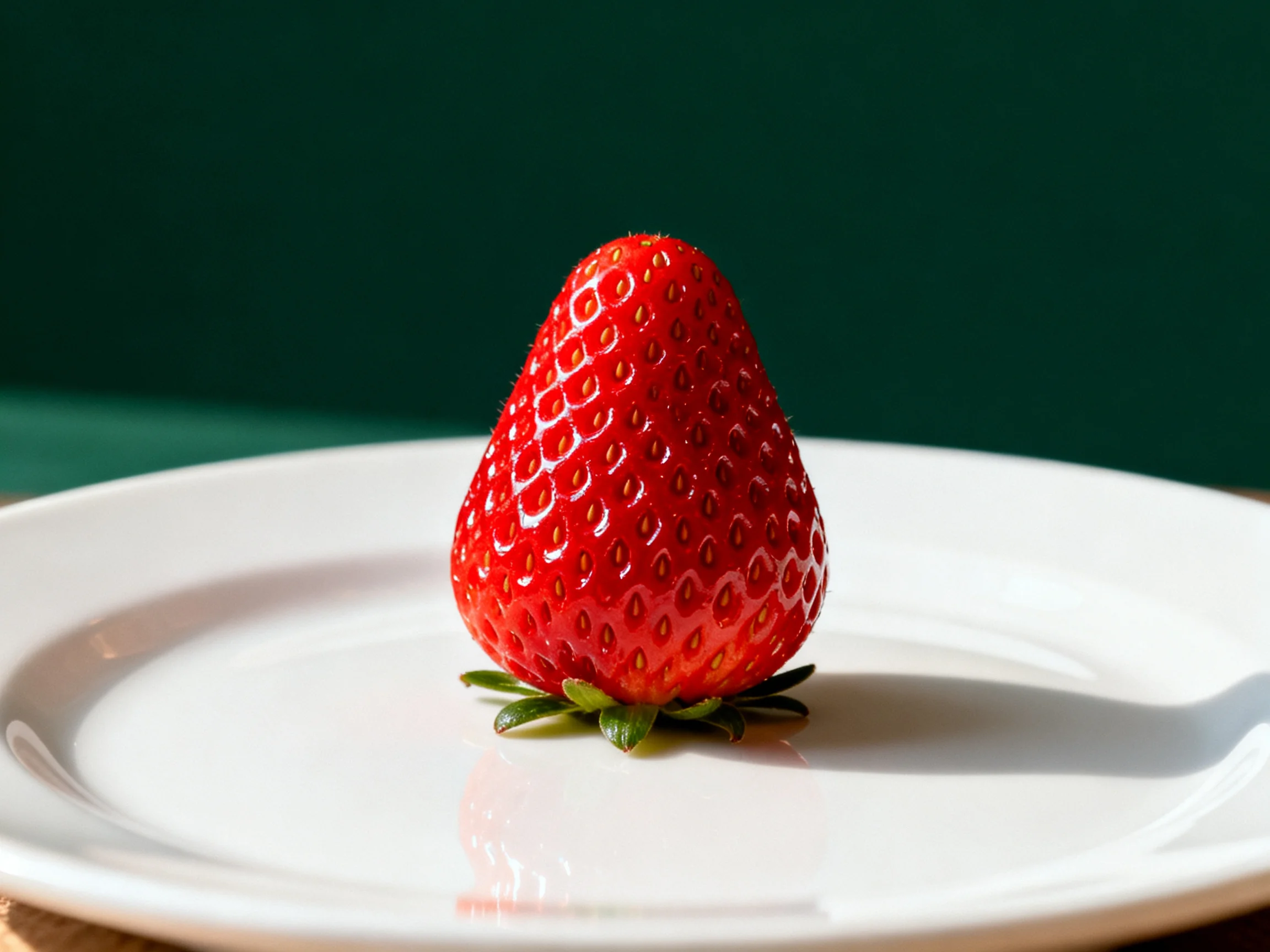 A single vibrant red strawberry centered on a plain white plate with dark green backdrop