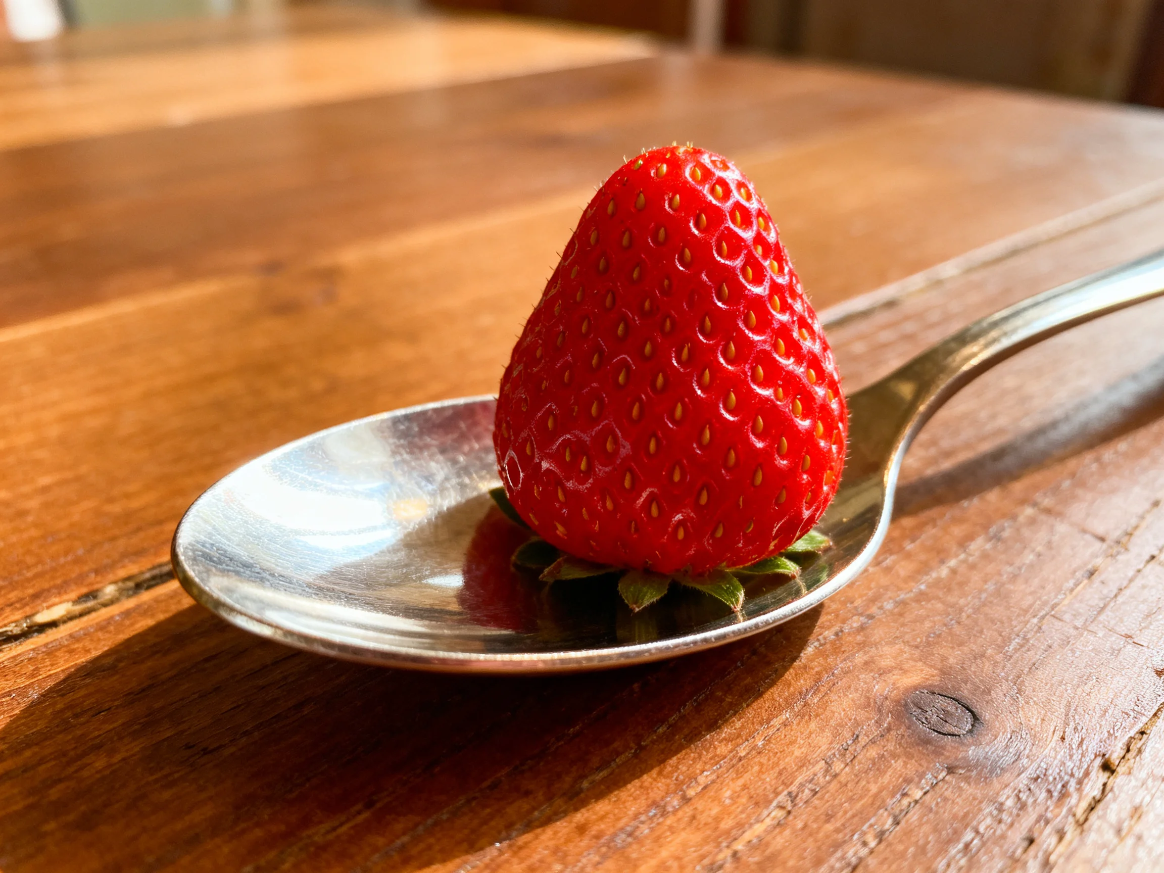 A single vibrant red strawberry rests on a metallic spoon atop a wooden surface