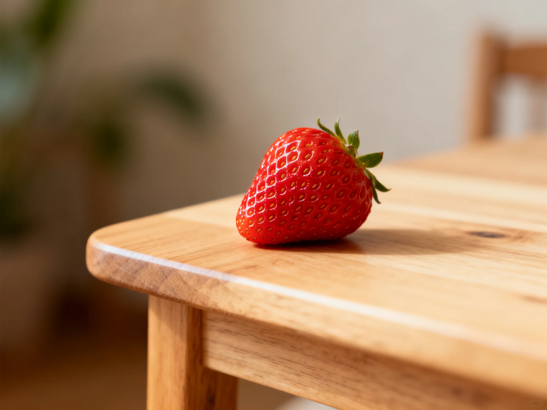 A single vibrant red strawberry rests on a polished wooden table