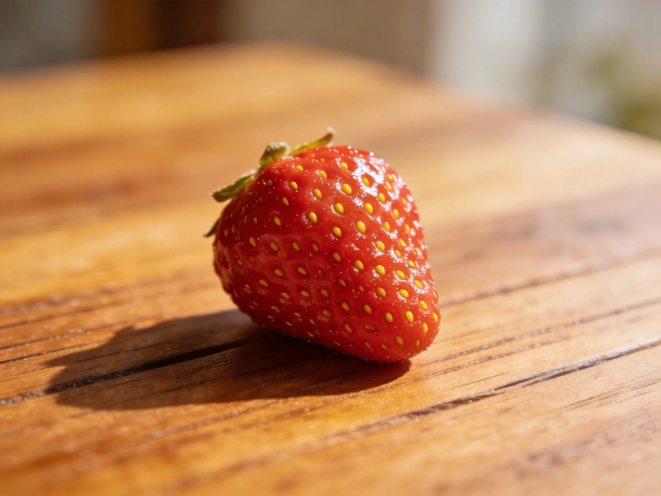 A single vibrant red strawberry with yellow seeds on a wooden table