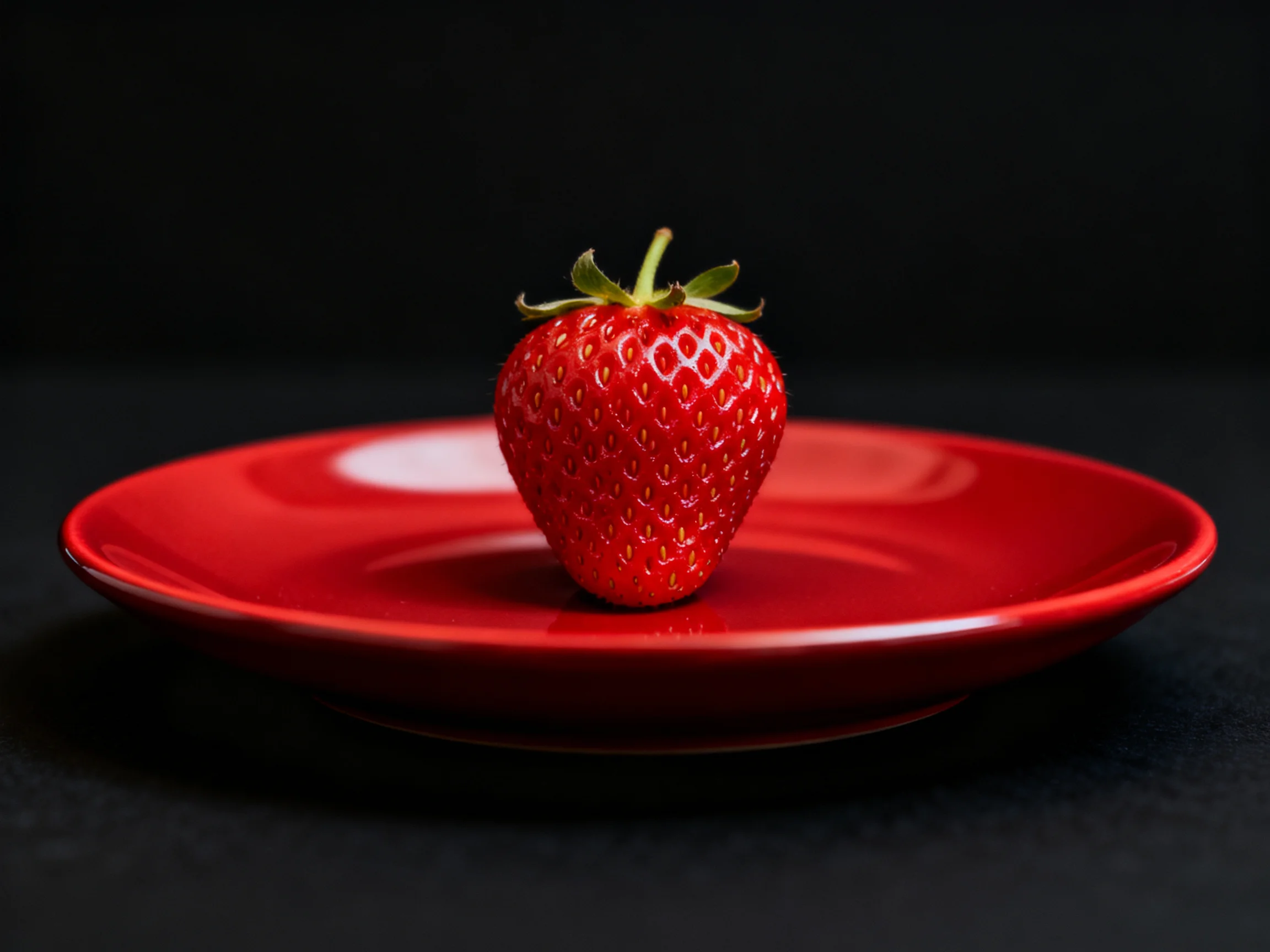 A single vibrant strawberry sits atop a glossy red plate