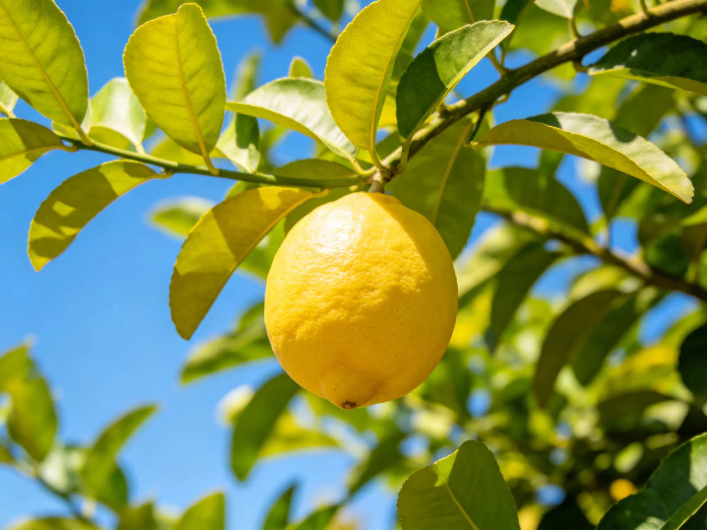 A single vibrant yellow lemon hangs from a leafy citrus branch beneath a clear blue sky