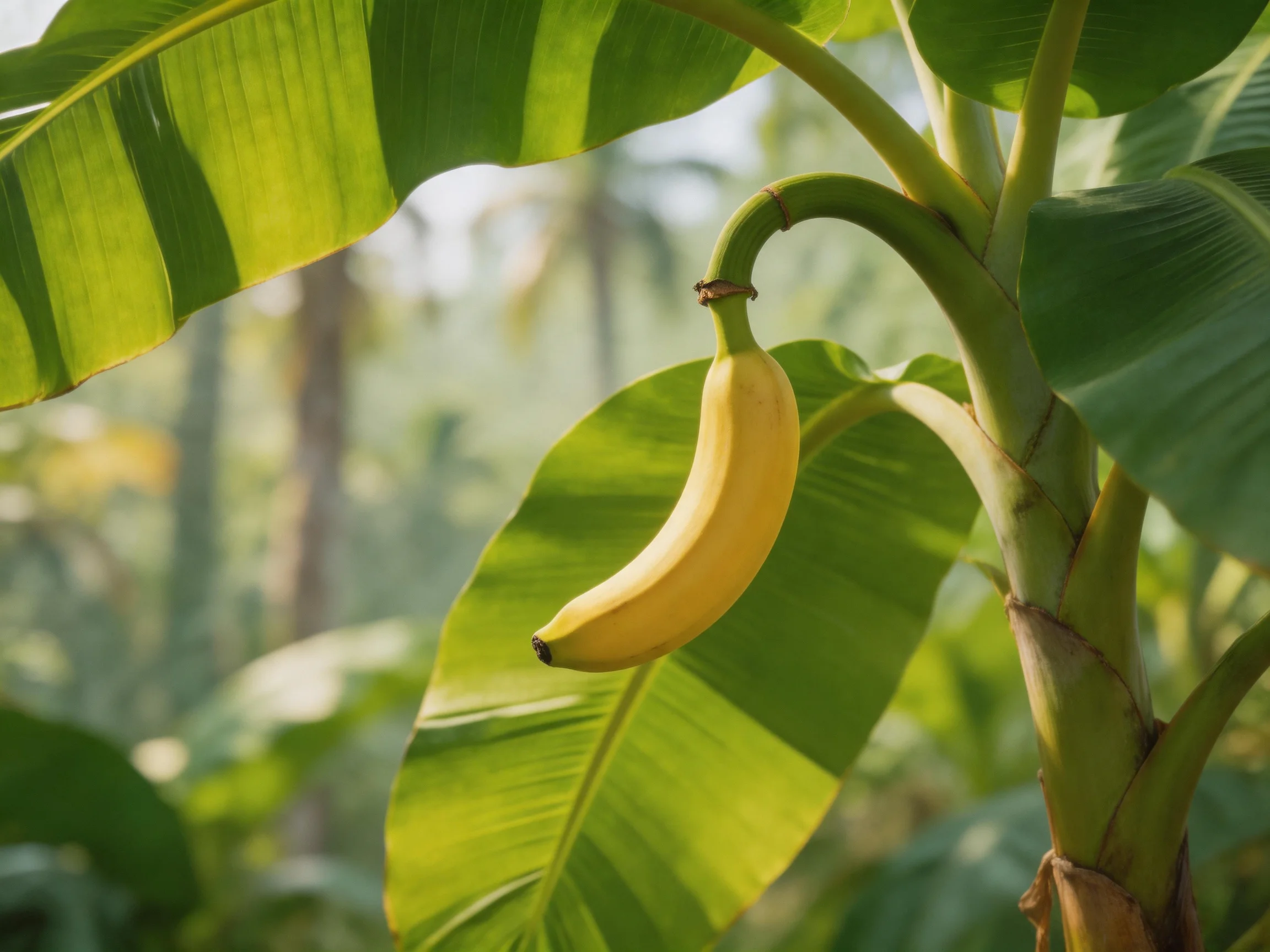A single yellow banana hangs from a lush green banana plant