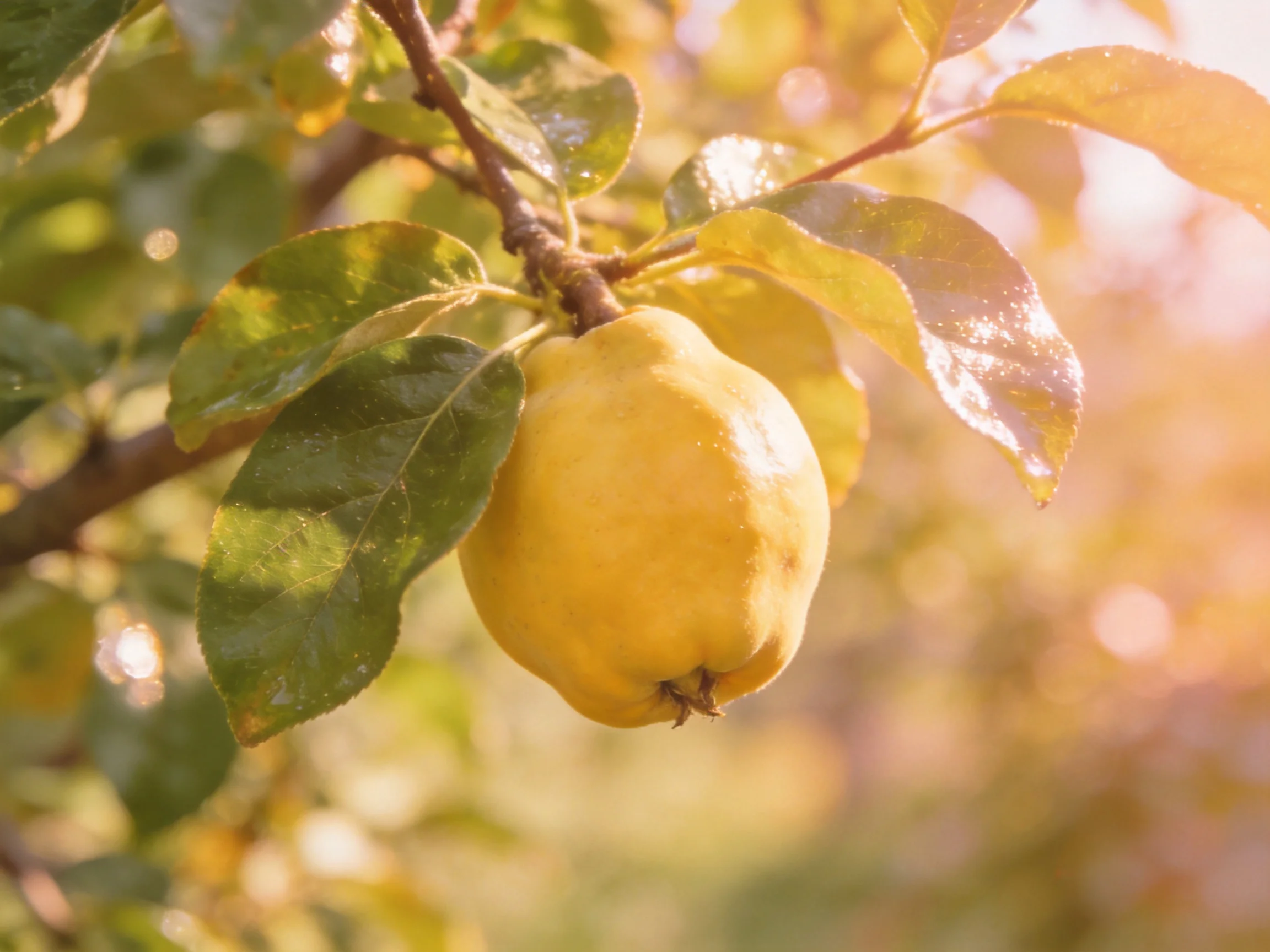 A single yellow quince hangs from a leafy tree branch in golden sunlight