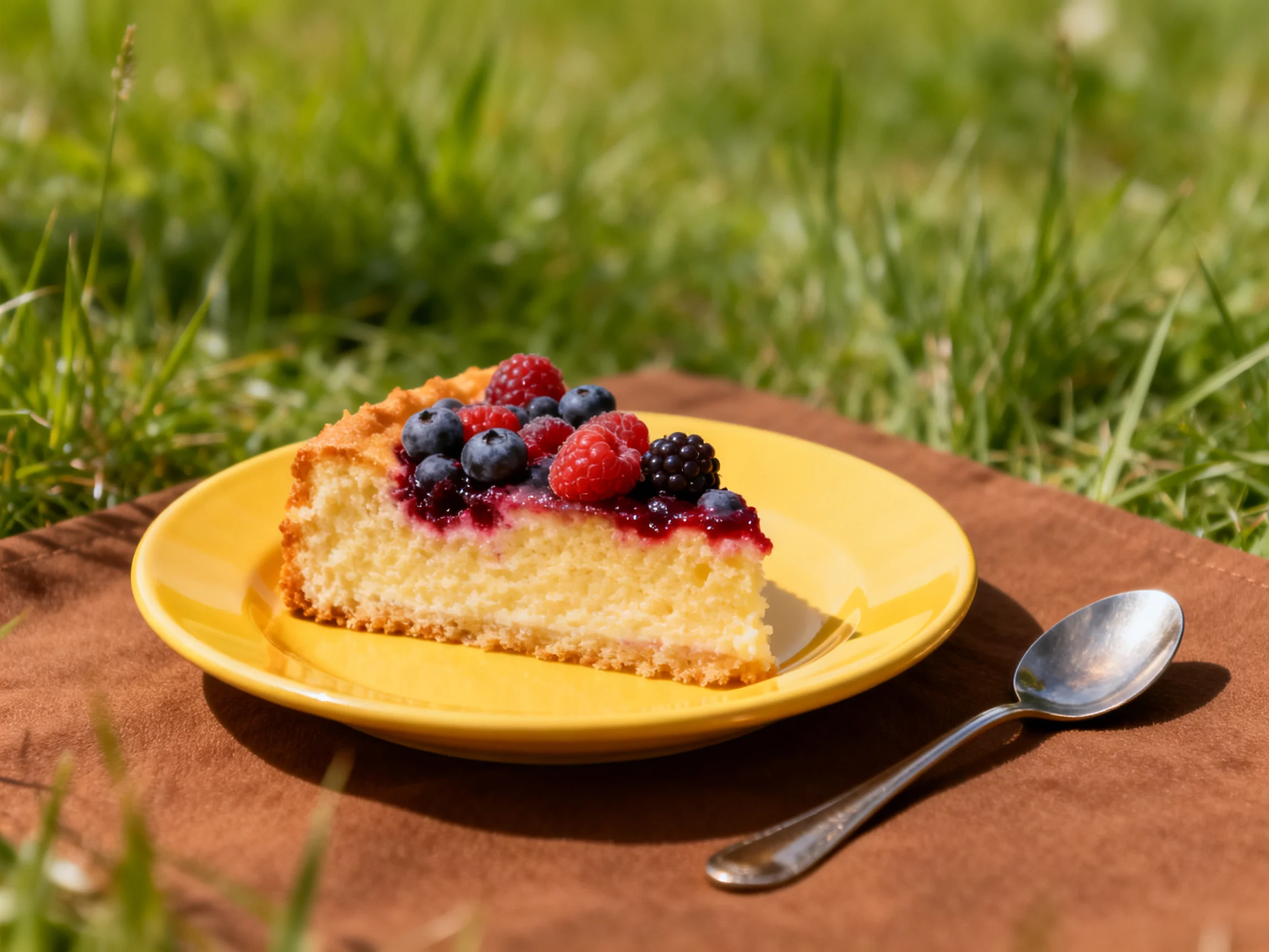 A slice of berry-topped cake on a yellow plate in a grassy setting