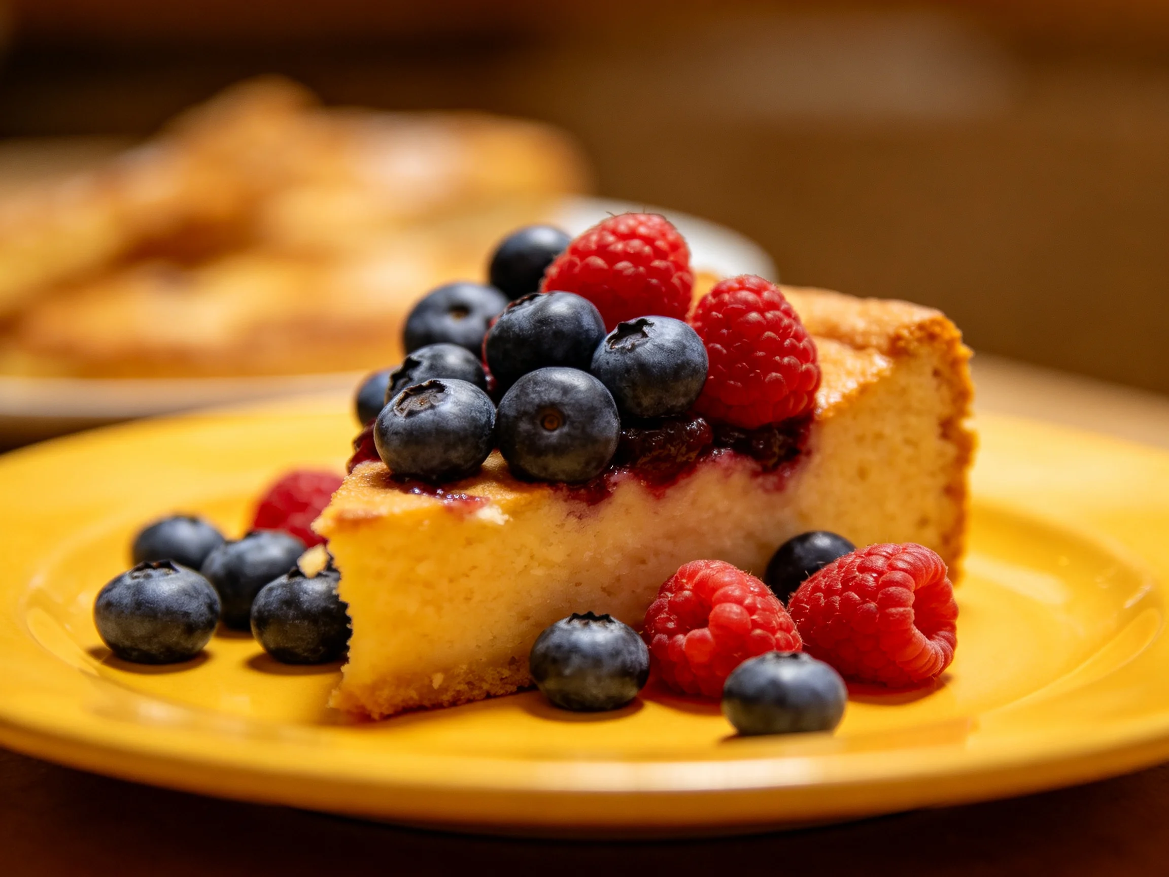 A slice of cheesecake topped with blueberries and raspberries on a yellow plate