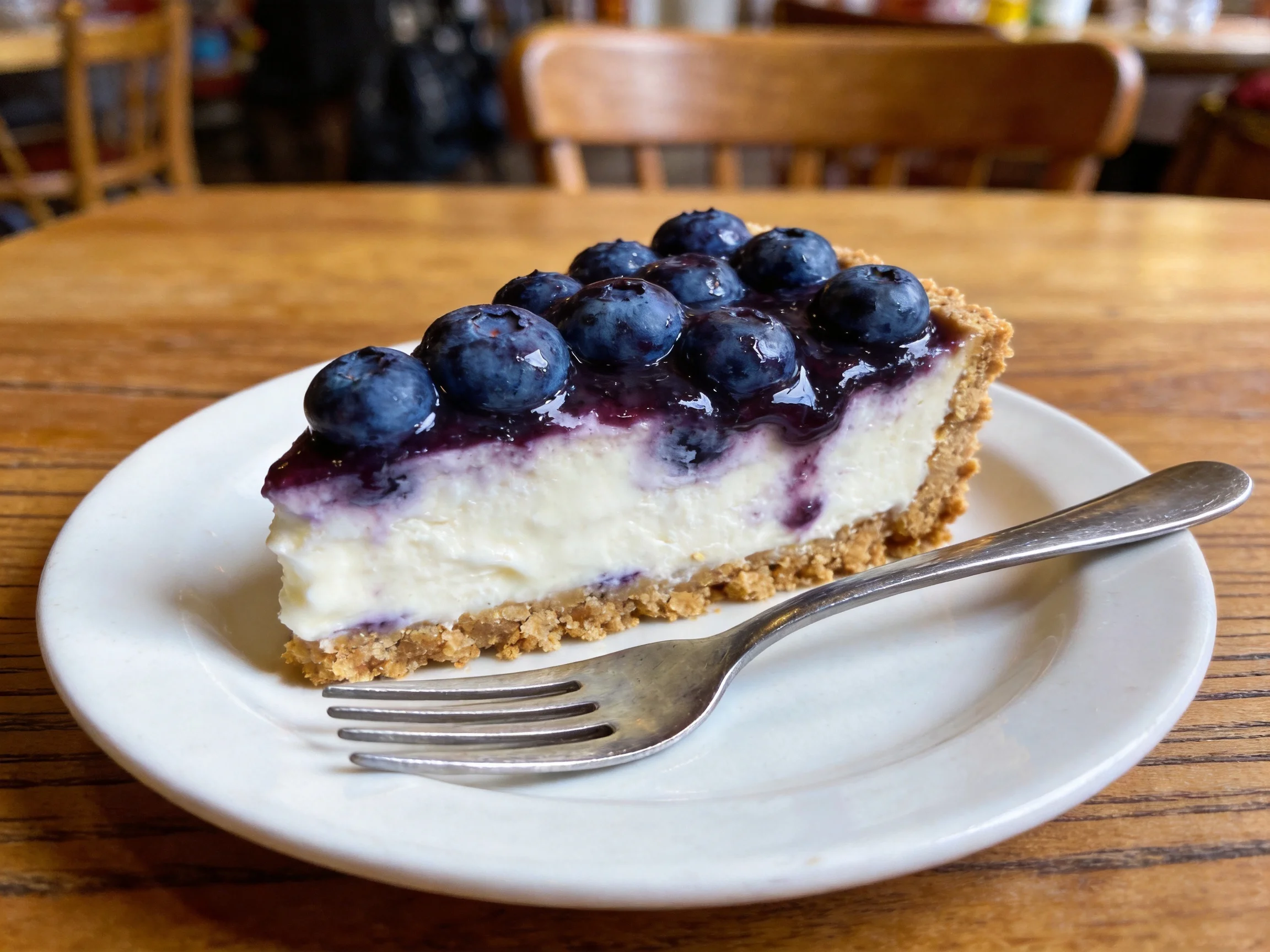 A slice of creamy cheesecake topped with fresh blueberries on a white plate