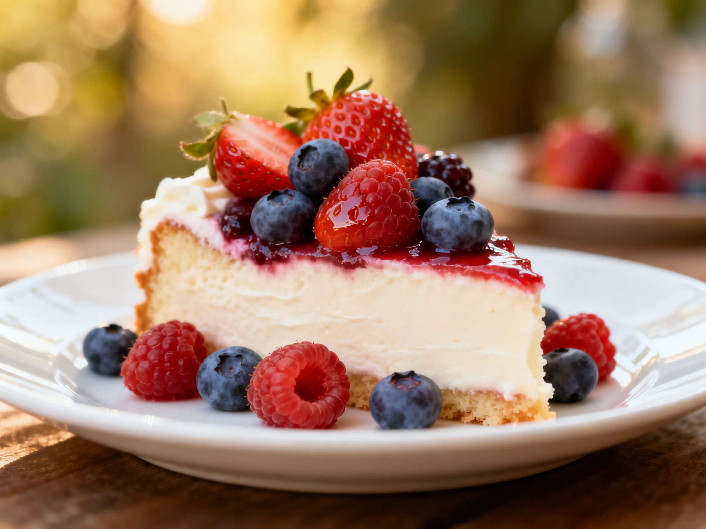 A slice of creamy cheesecake topped with fresh mixed berries