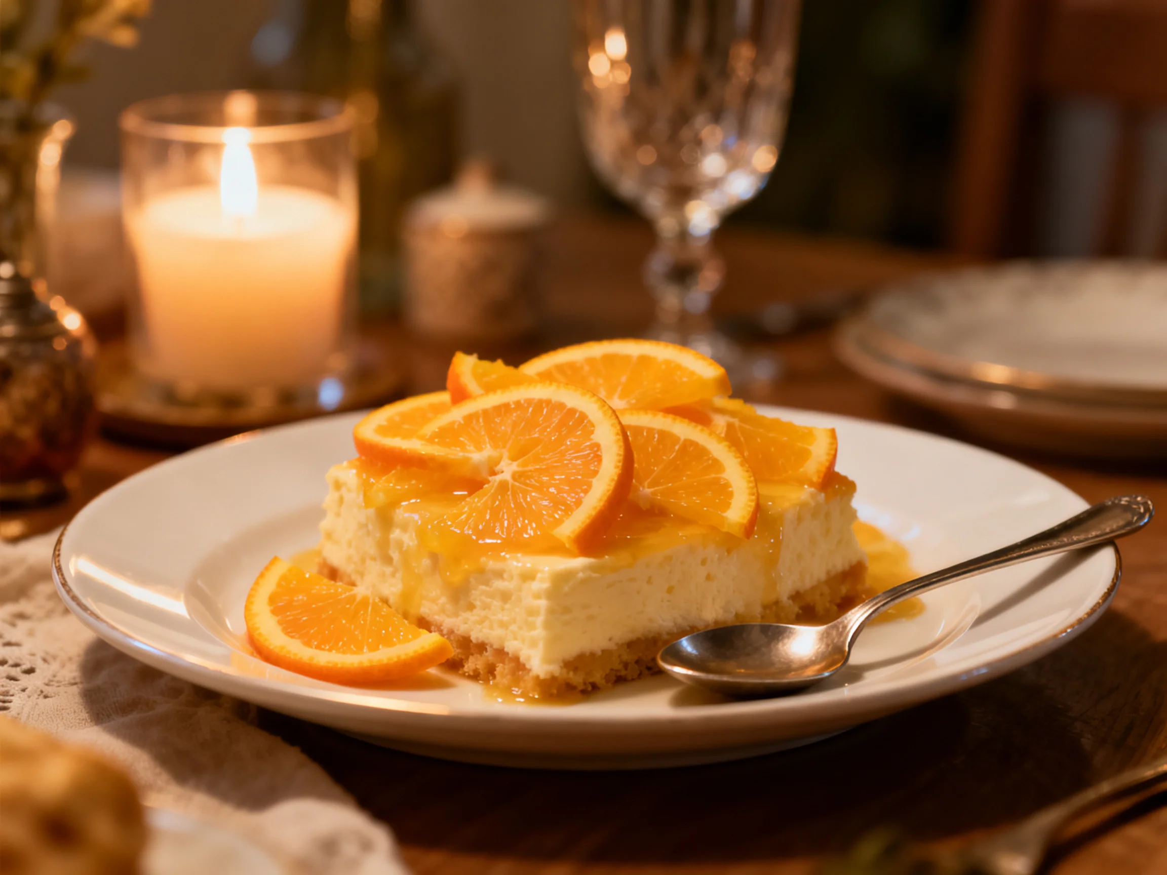 A slice of creamy cheesecake topped with fresh orange slices on a white plate