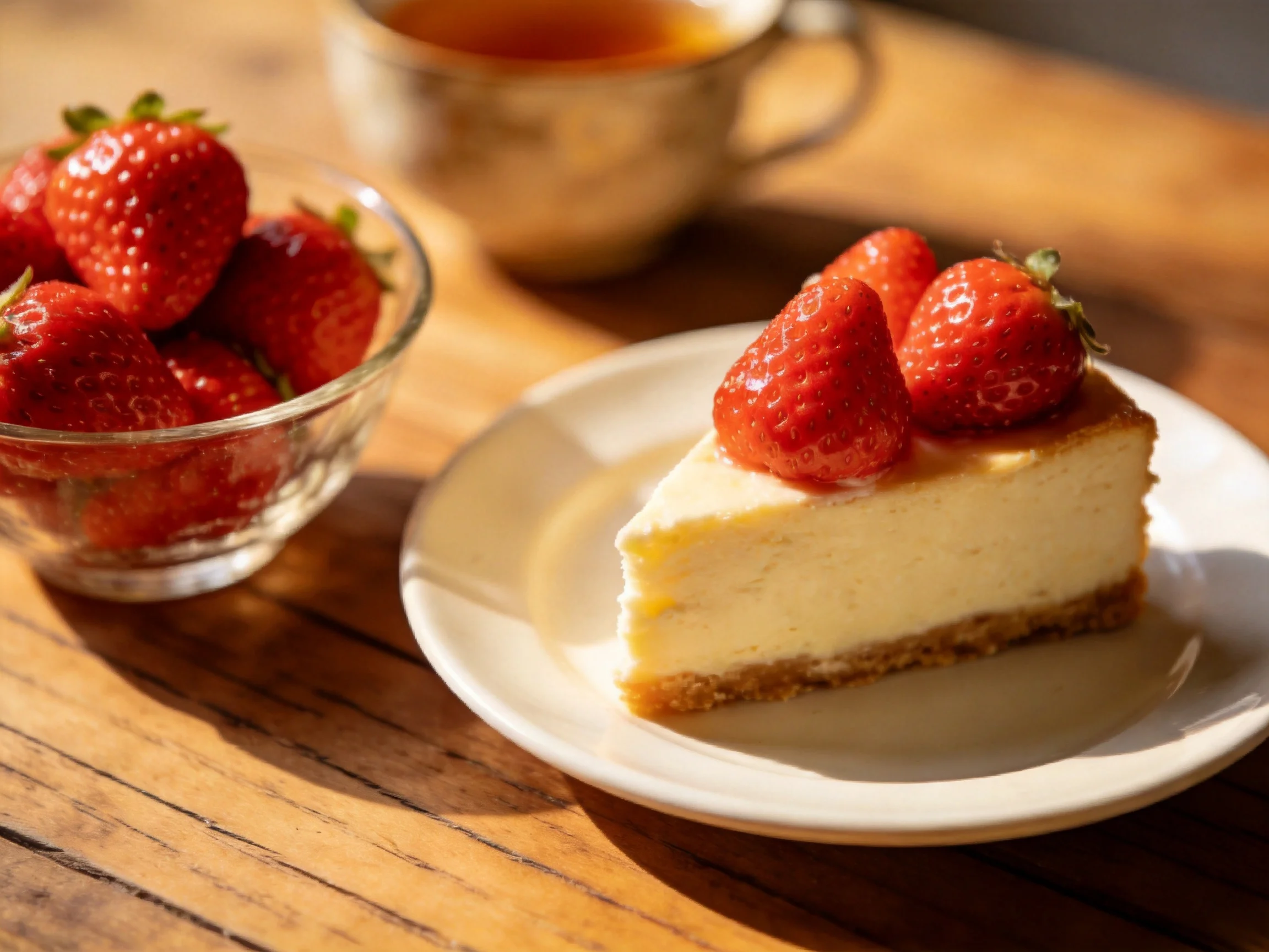 A slice of creamy cheesecake topped with fresh strawberries beside a glass bowl of strawberries