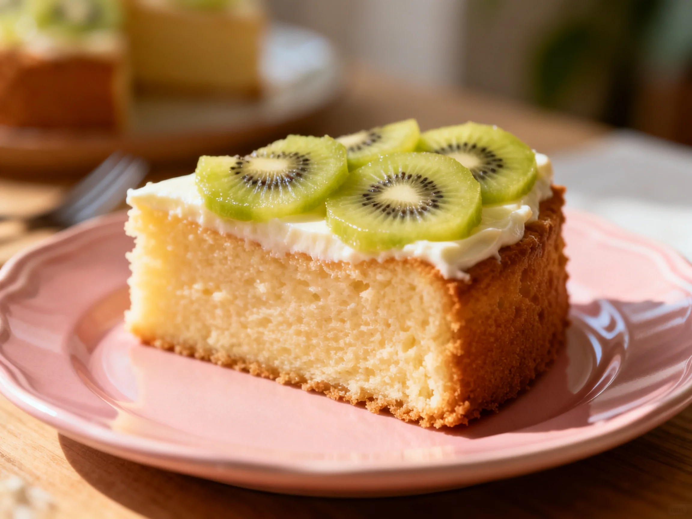 A slice of golden cake topped with kiwi on a pink plate