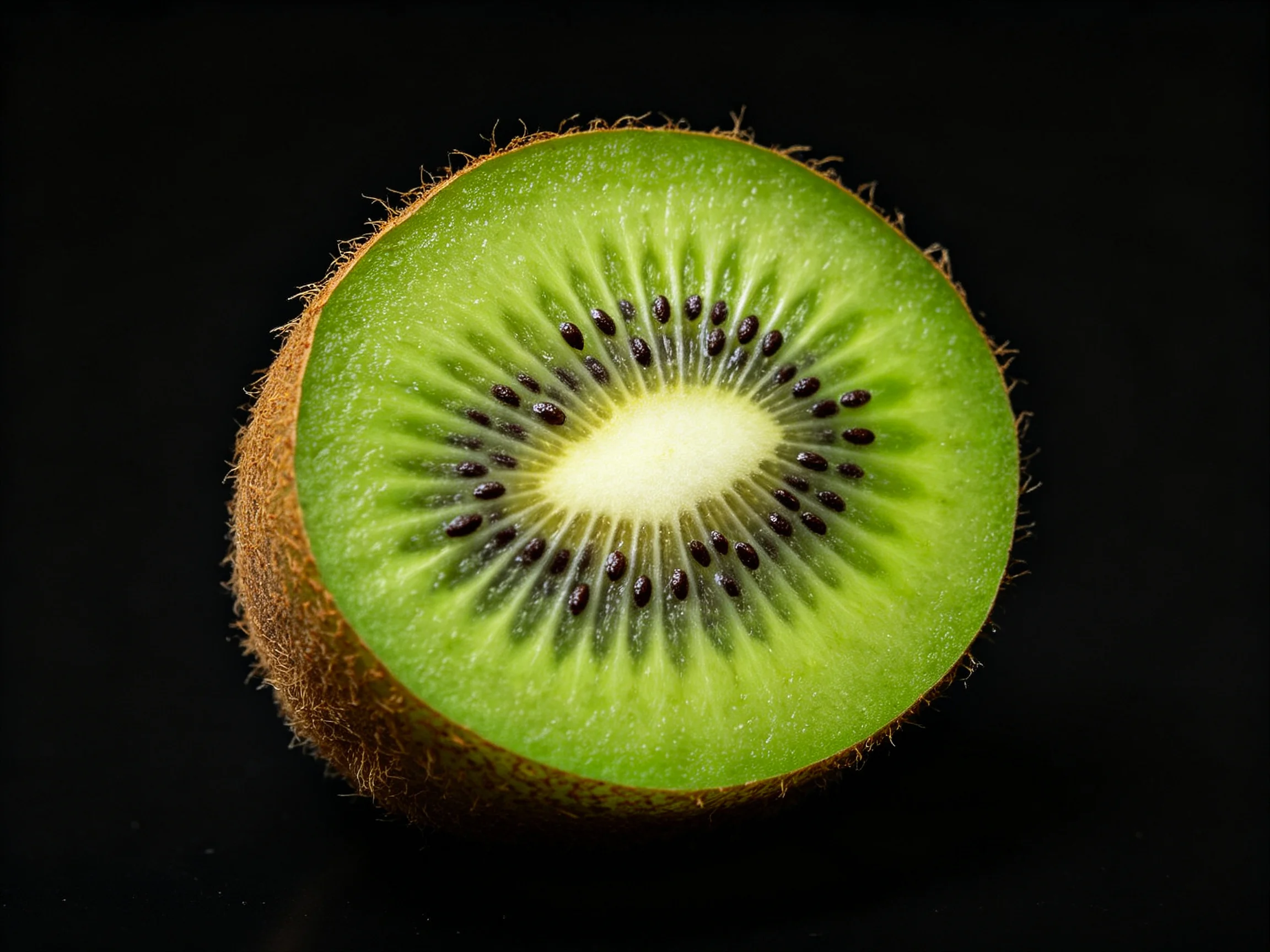 A sliced kiwi fruit with bright green flesh and brown fuzzy skin