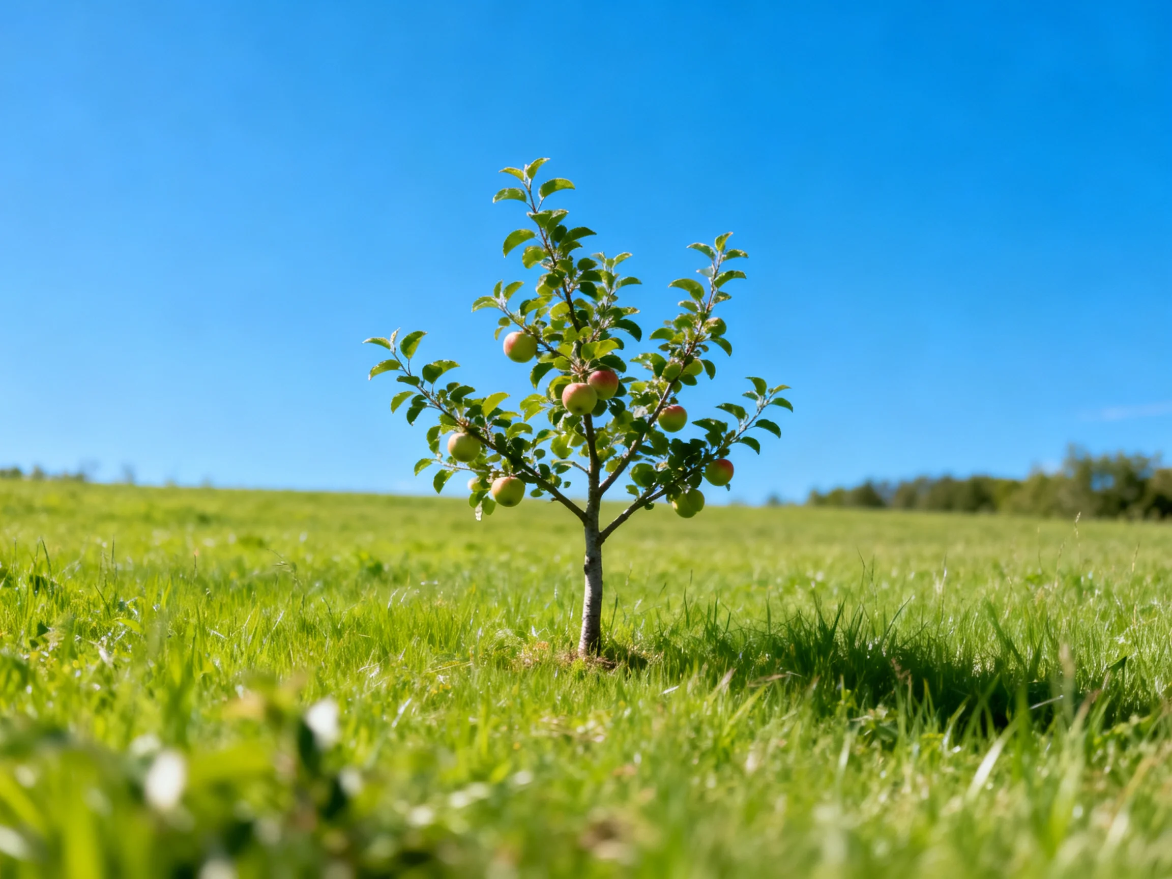 A small apple tree with fruit stands in a lush green meadow under clear blue sky