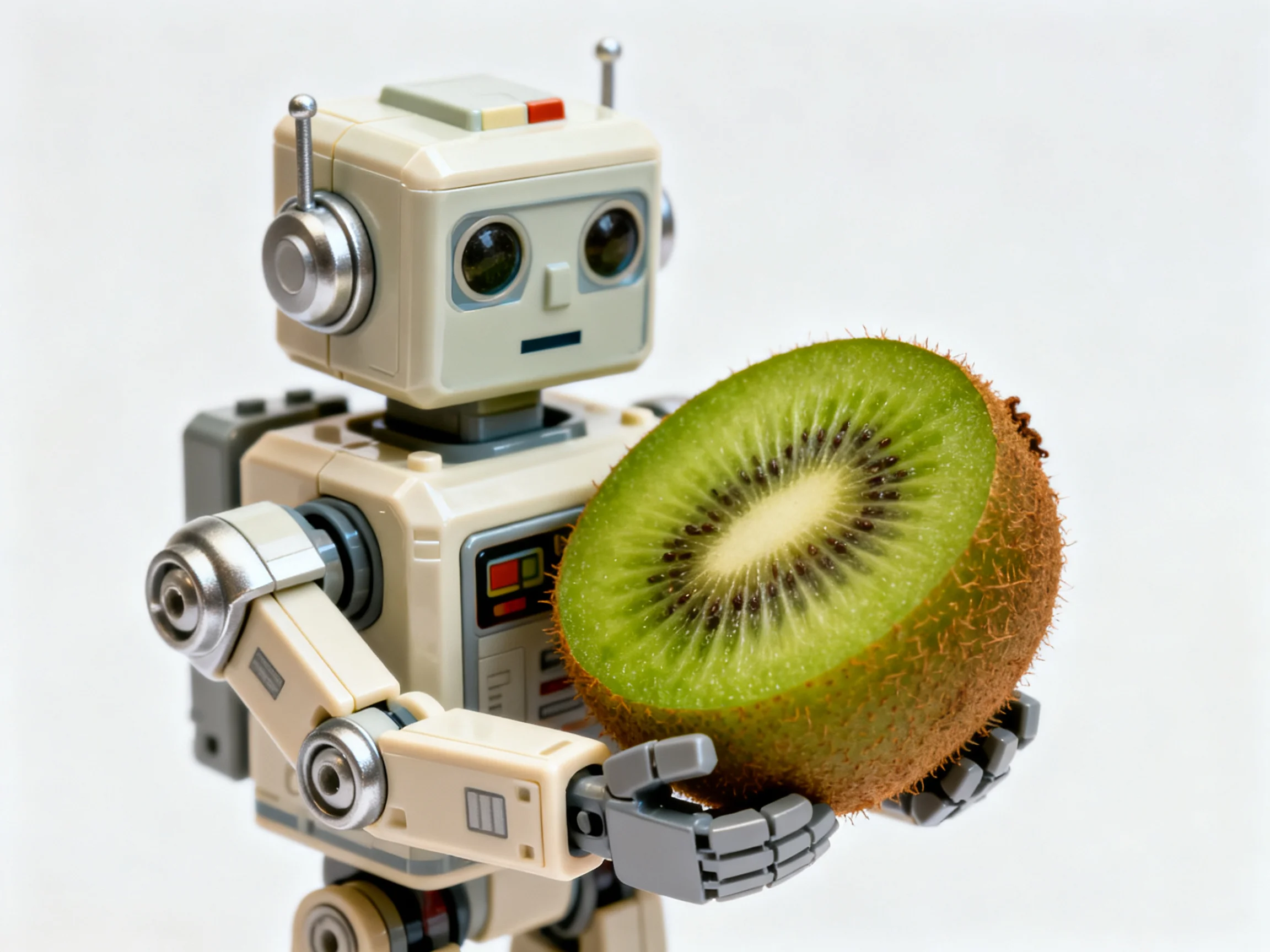 A small beige toy robot holding a large sliced kiwi