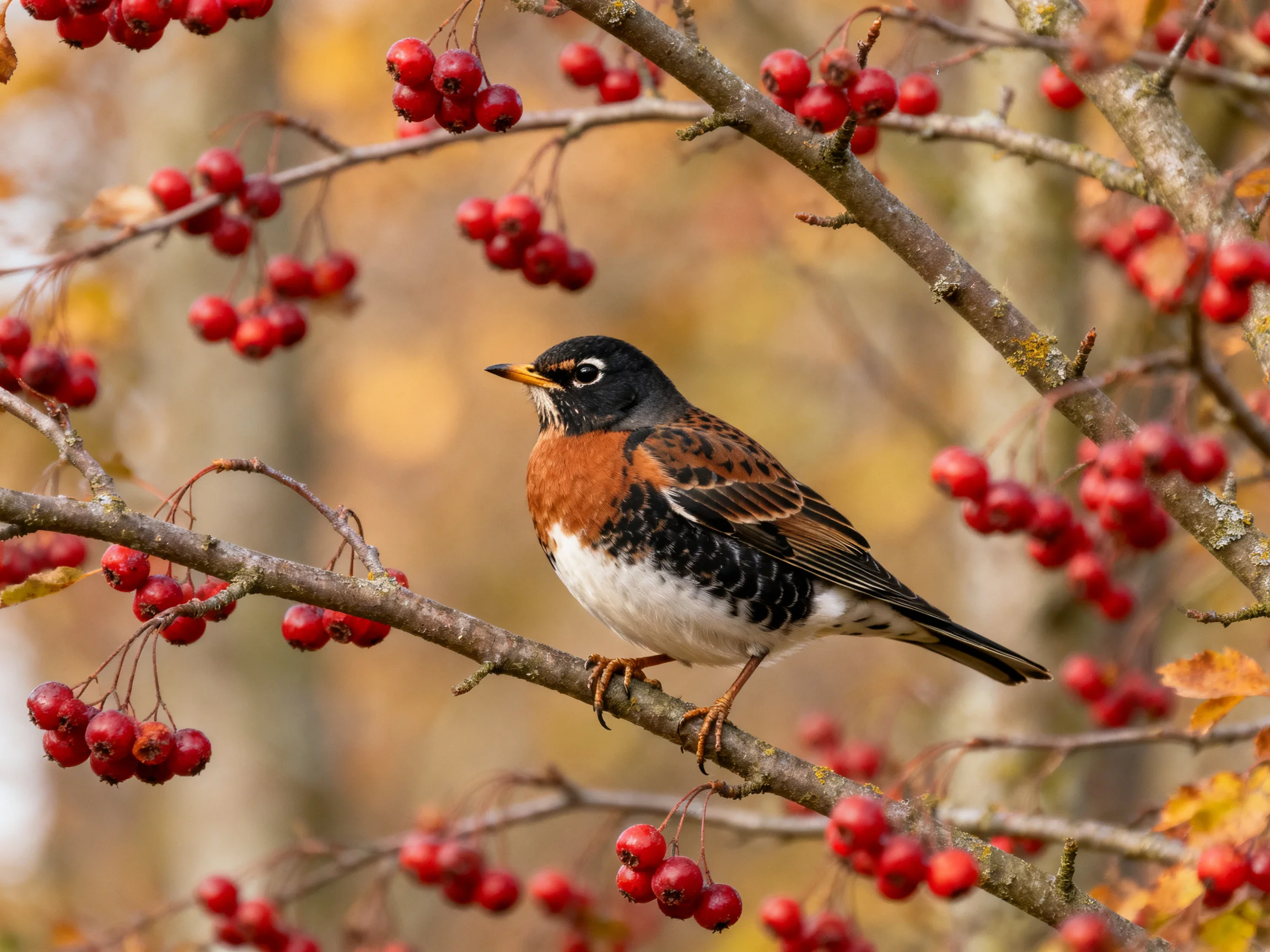 A small bird perched among dense red berry-laden branches