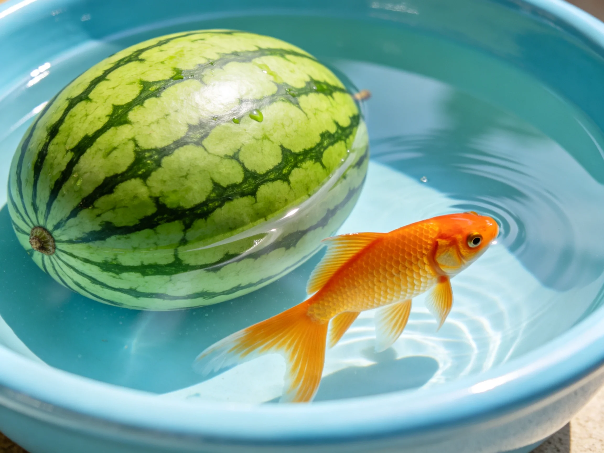 A small blue bowl holds a watermelon and an orange goldfish