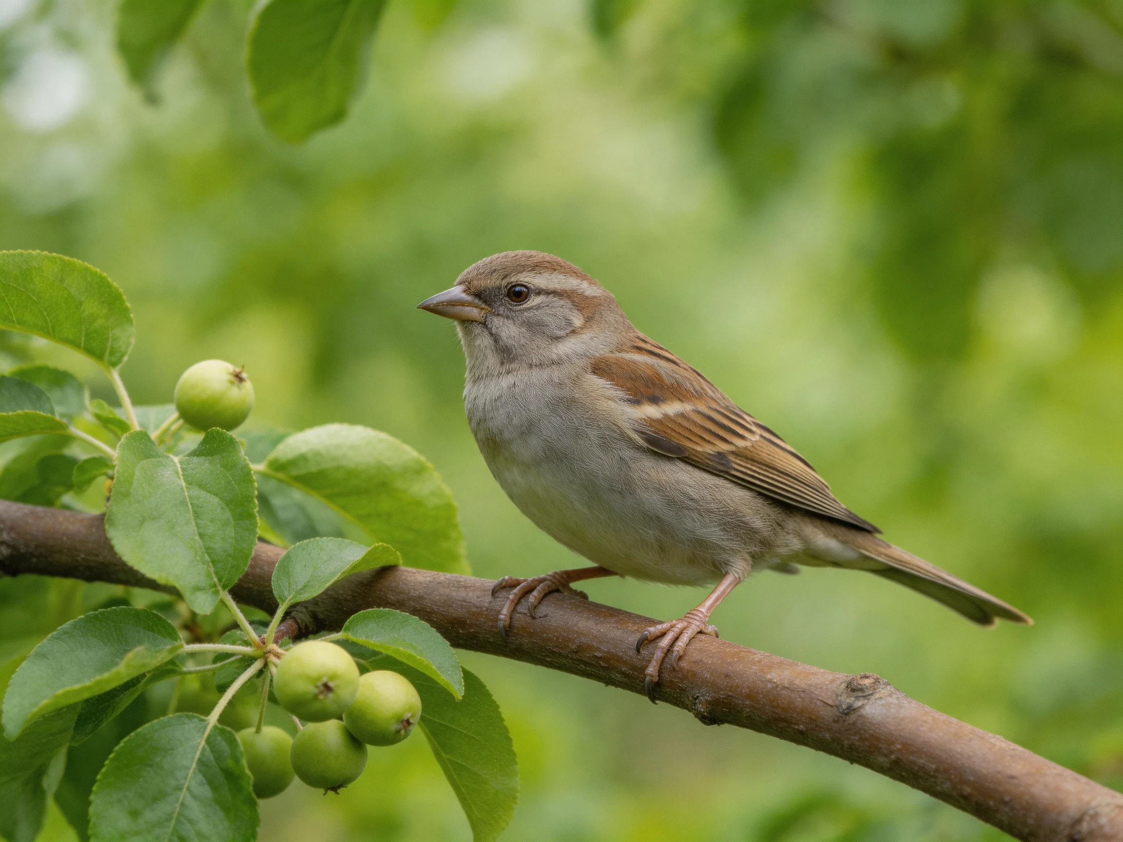 A small brown sparrow perches on a tree branch near green fruits