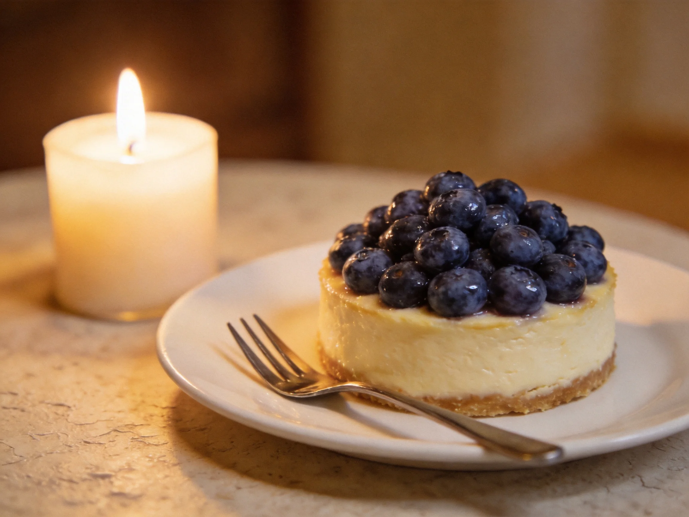 A small cheesecake with blueberry topping beside a lit candle on a table