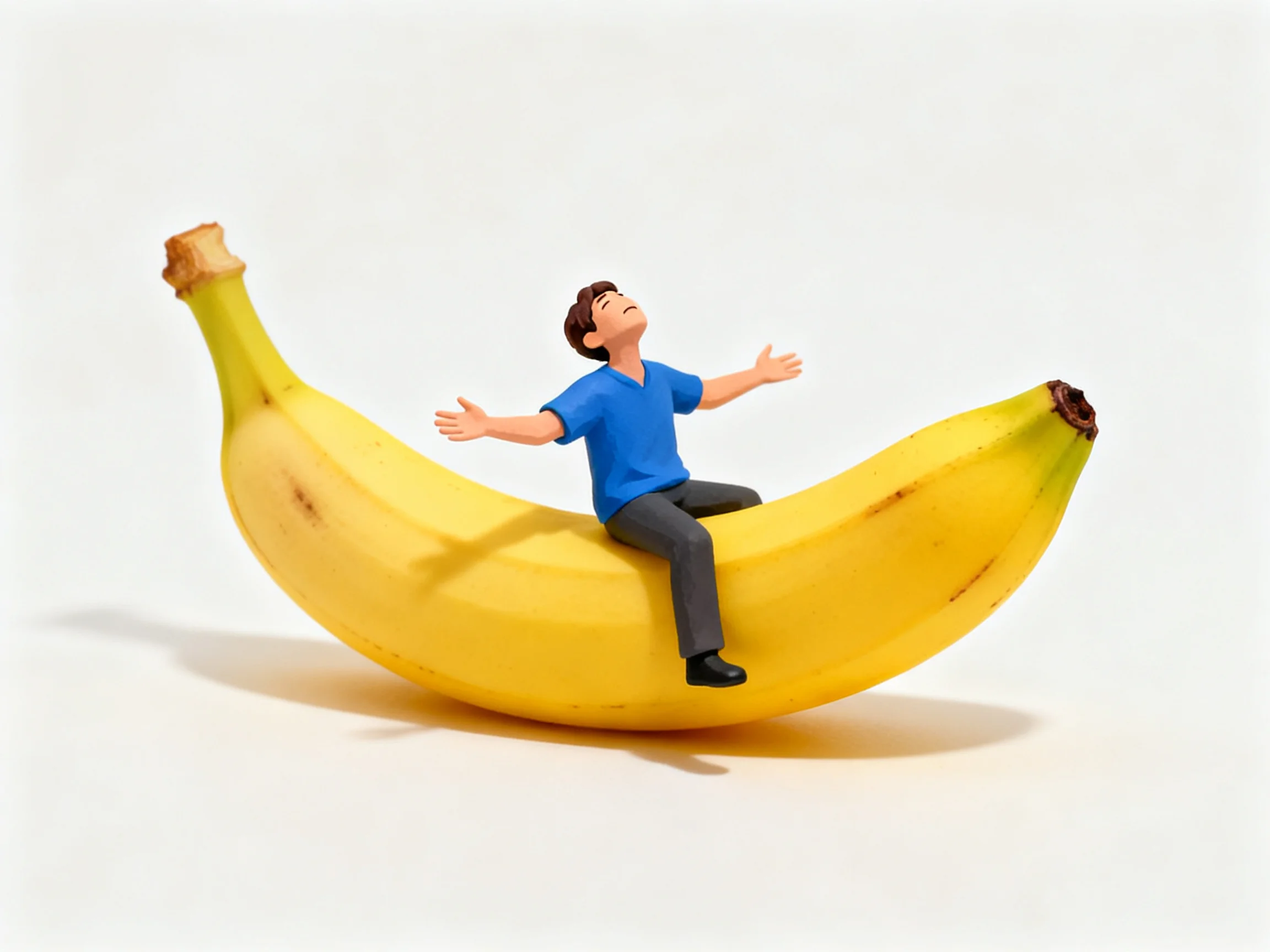 A small figurine in blue clothing sits on a large yellow banana