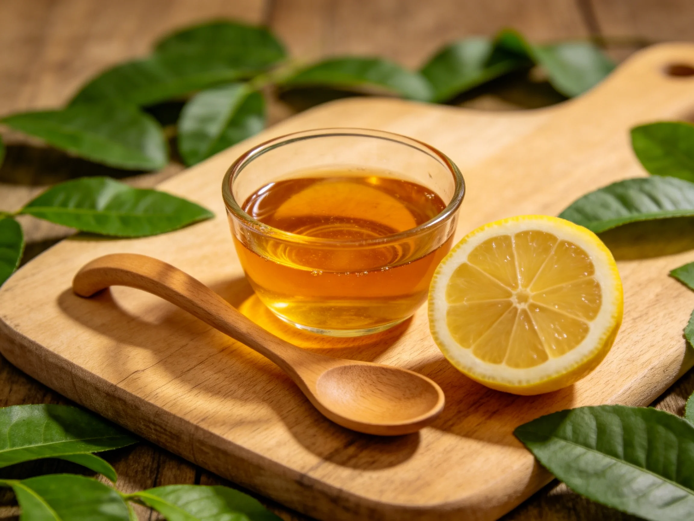 A small glass of amber liquid next to a halved lemon on a wooden board