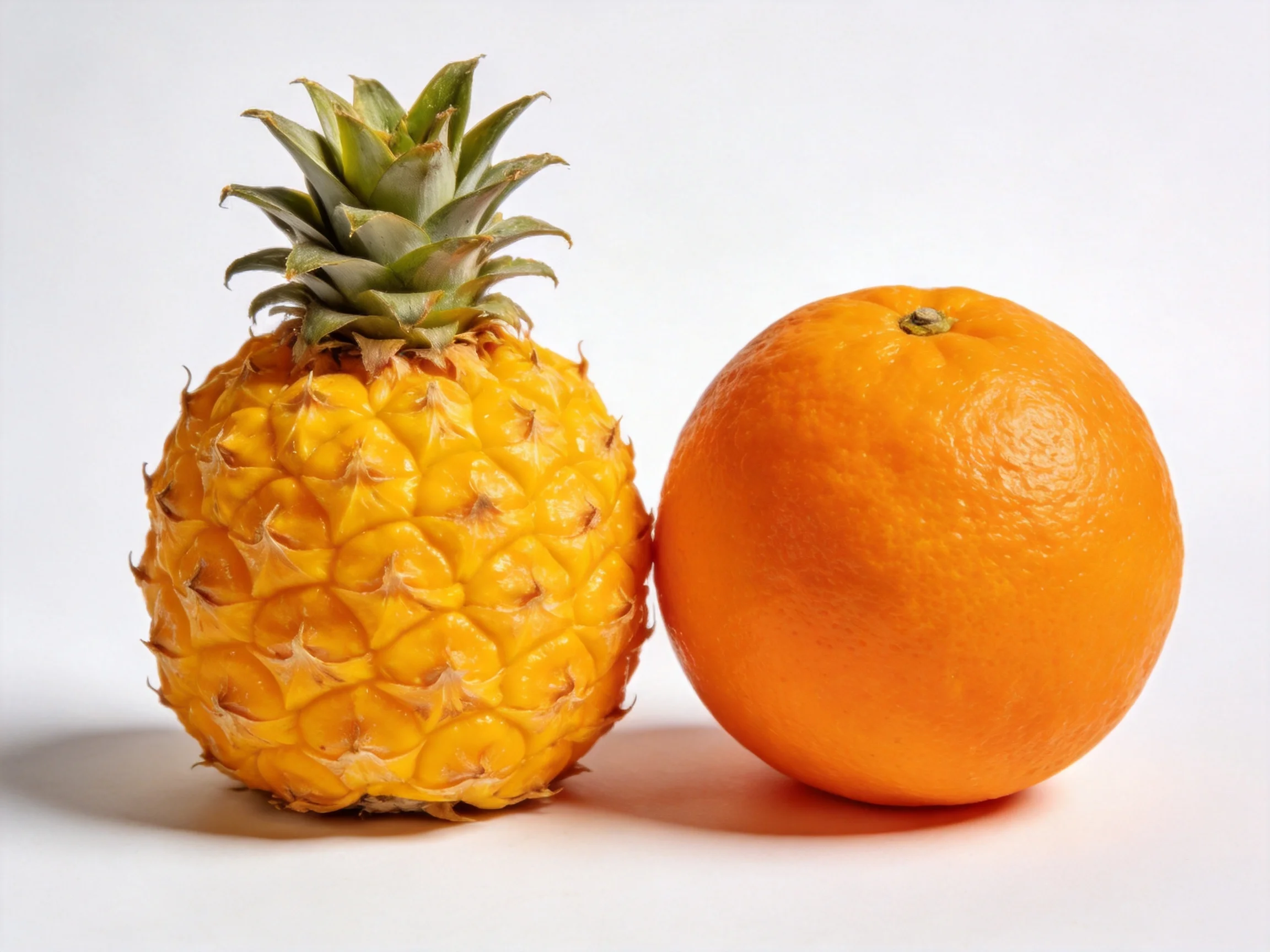 A small golden pineapple next to a large orange fruit