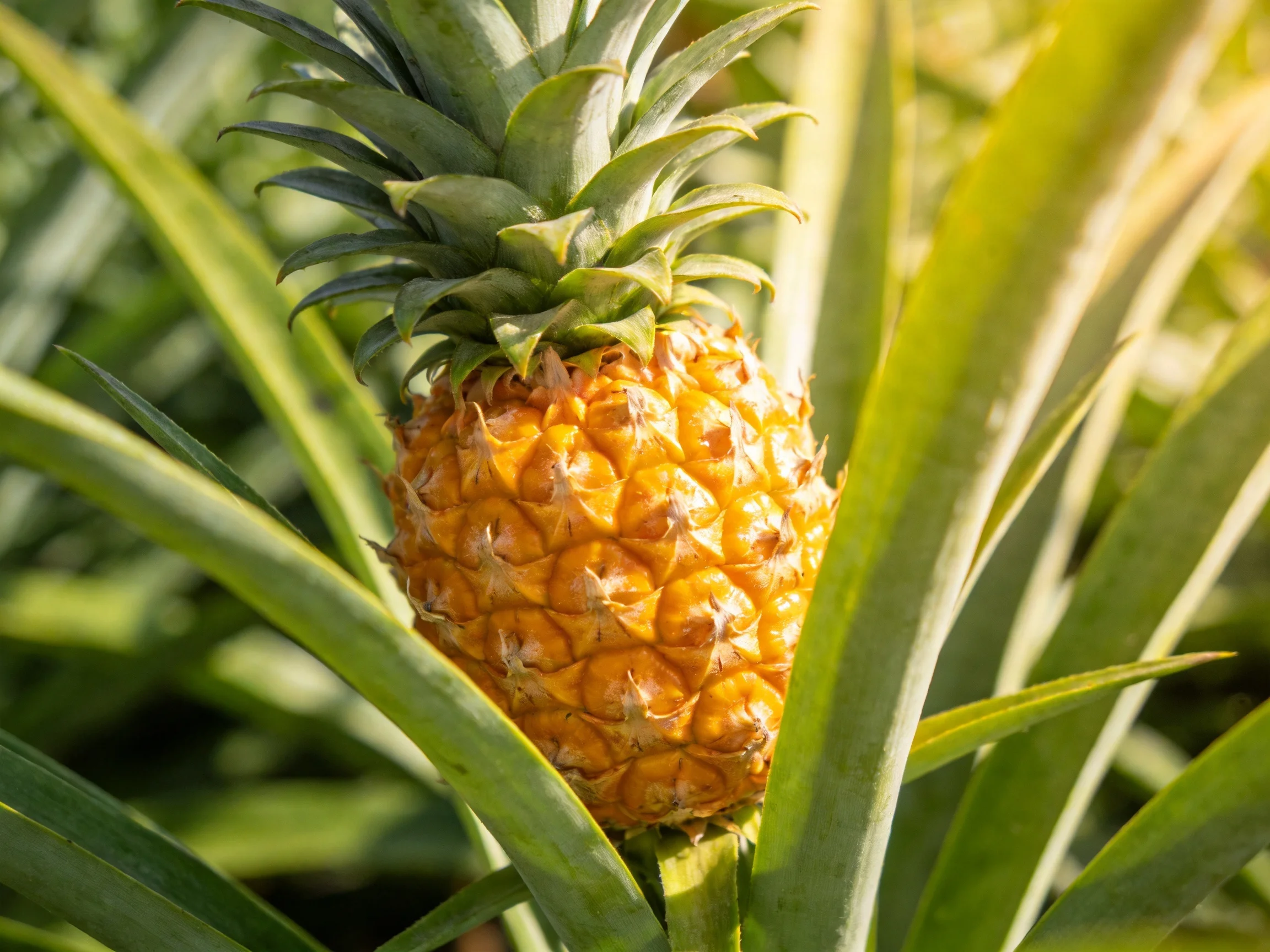 A small golden pineapple surrounded by lush green tropical leaves