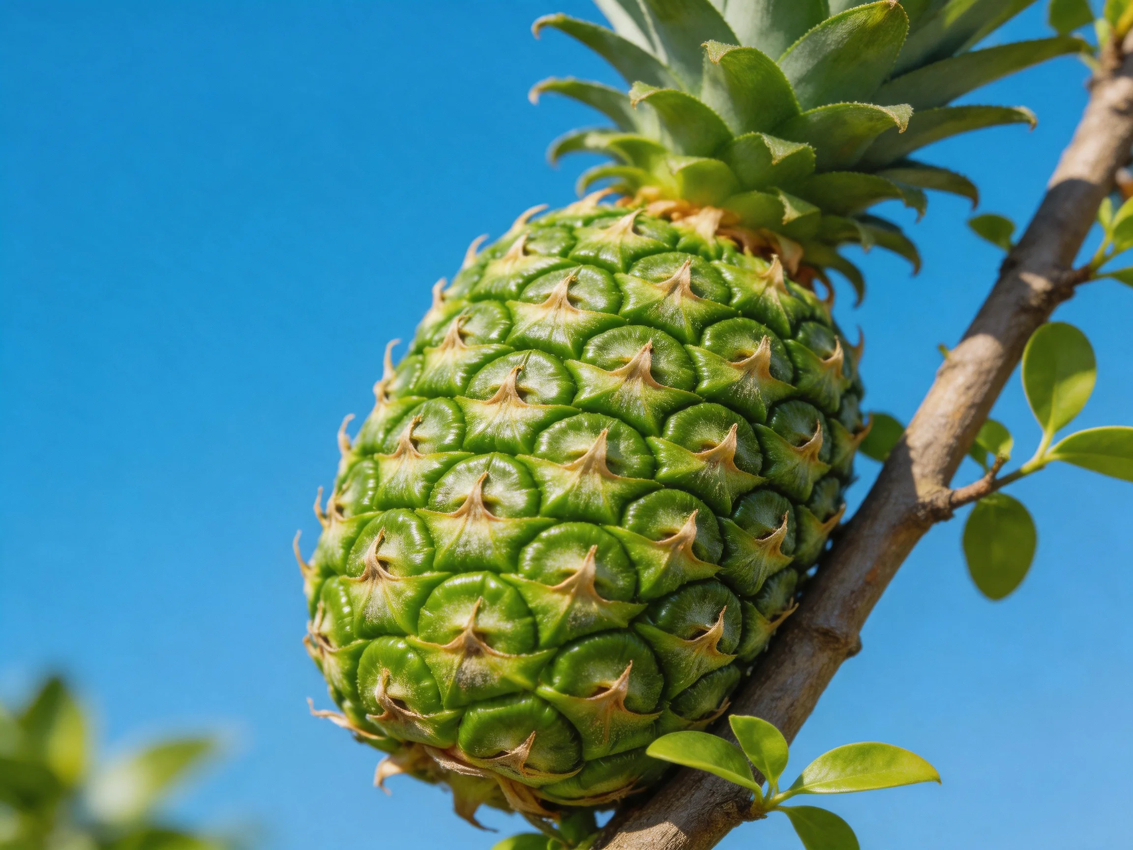 A small green pineapple growing on a tree branch under a clear blue sky