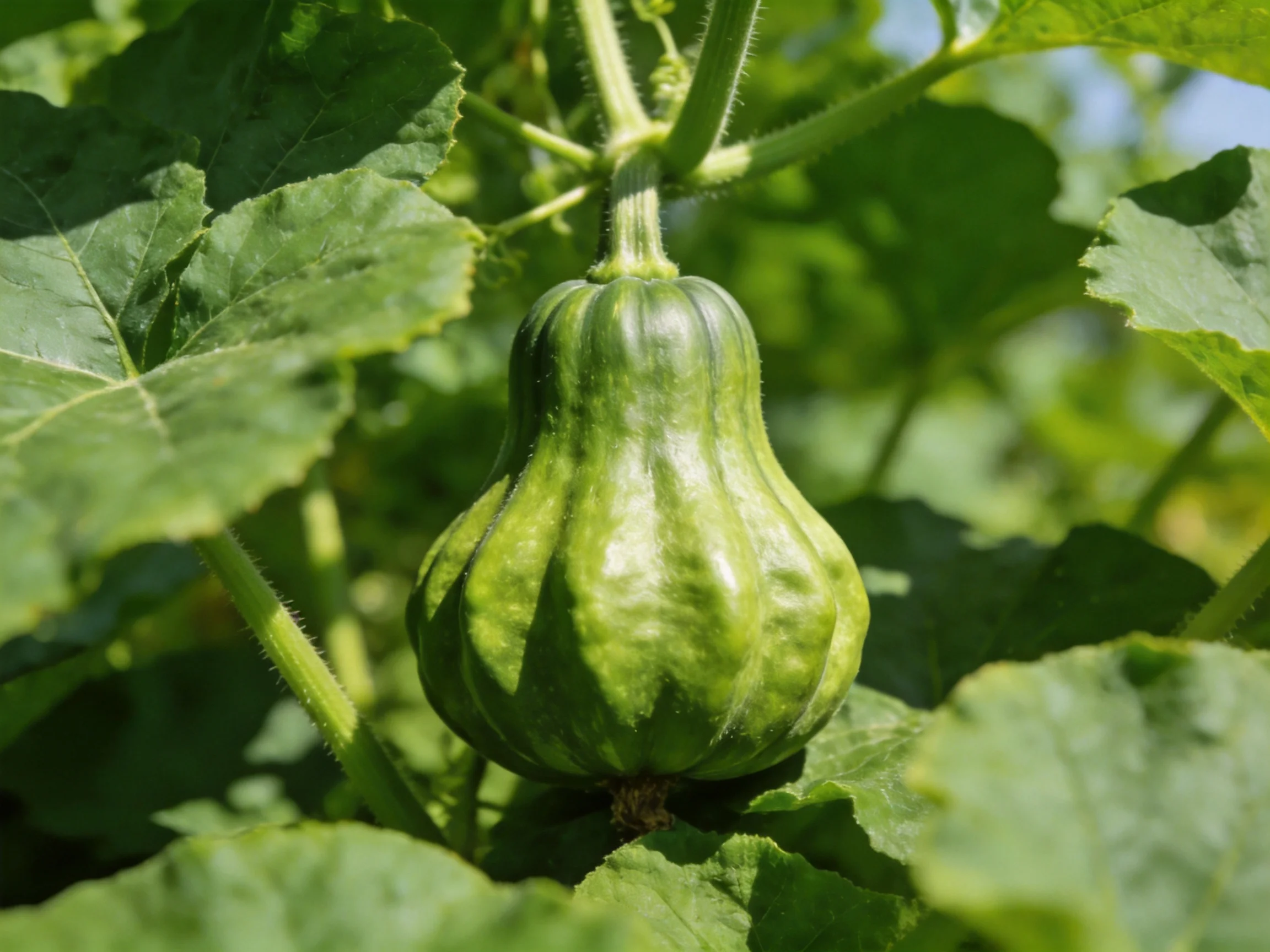 A small green squash growing amid lush green foliage