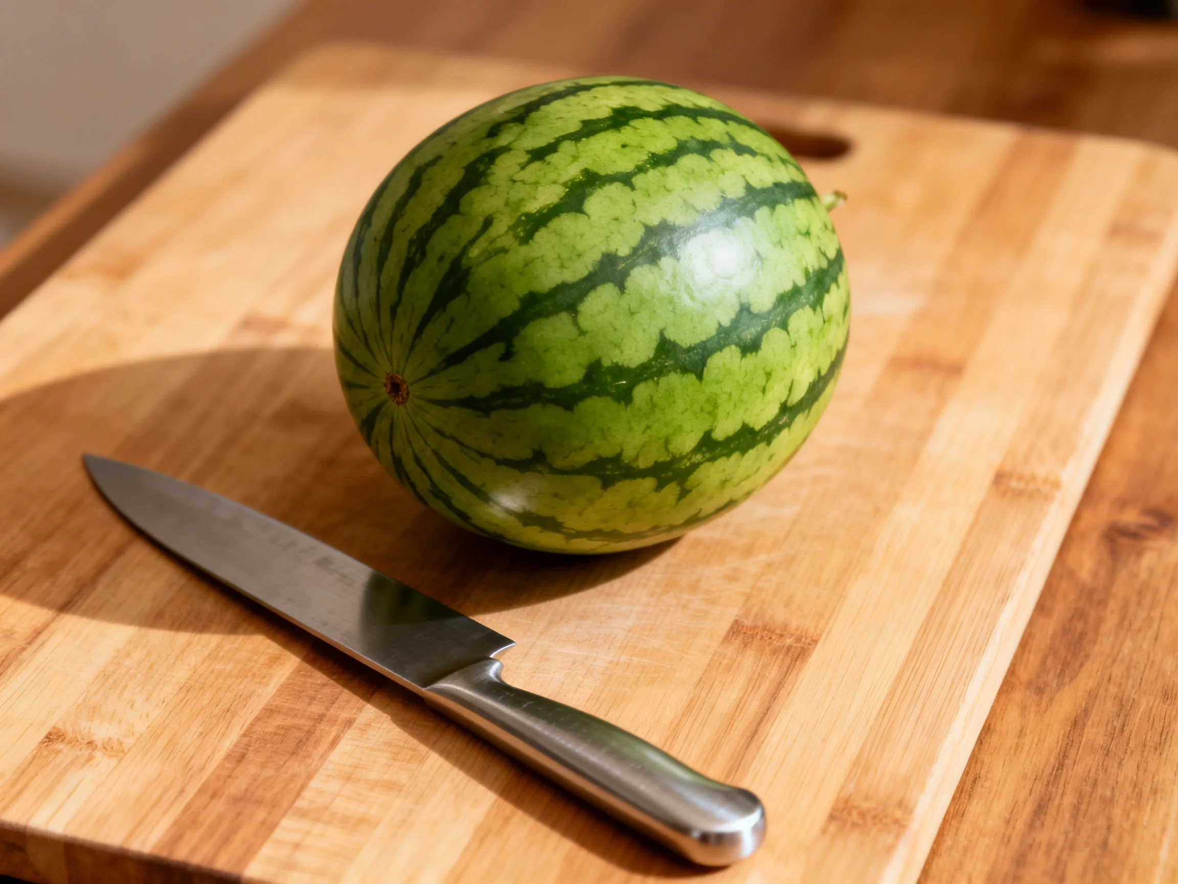 A small green watermelon sits on a wooden cutting board with a stainless steel knife