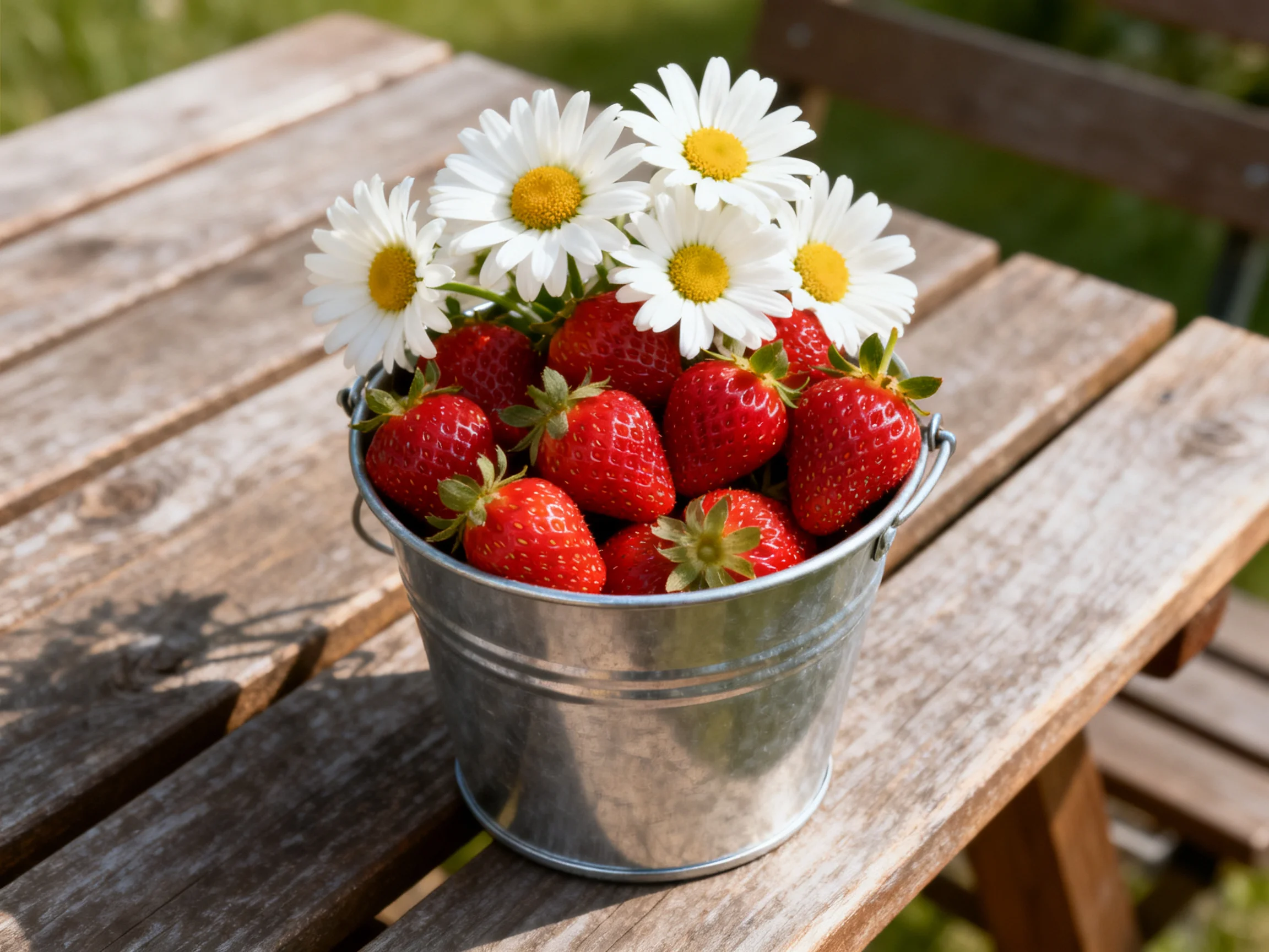 A small metal bucket holds red strawberries and white daisies on a weathered wooden table.