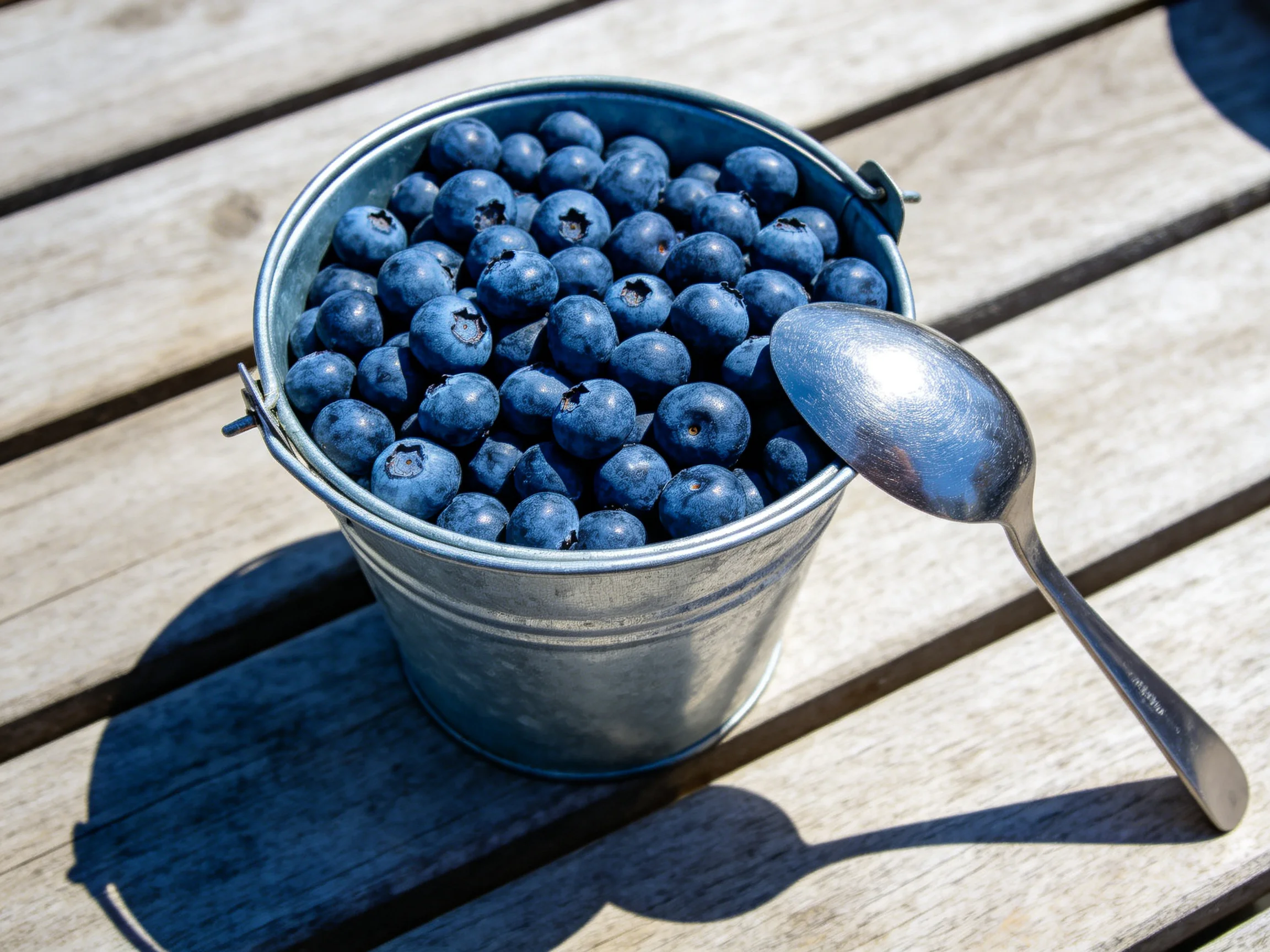 A small metallic bucket brimming with blueberries