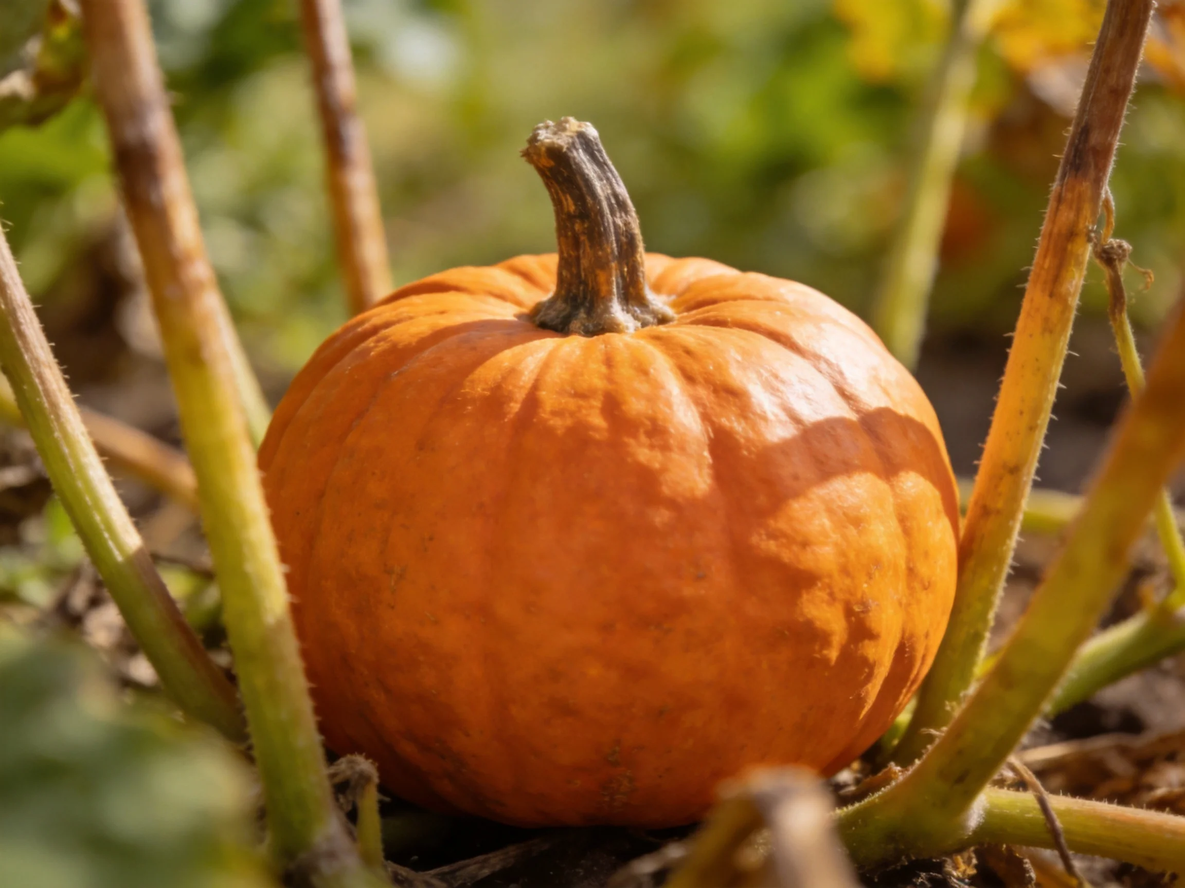 A small orange pumpkin nestled among green and brown plant stems