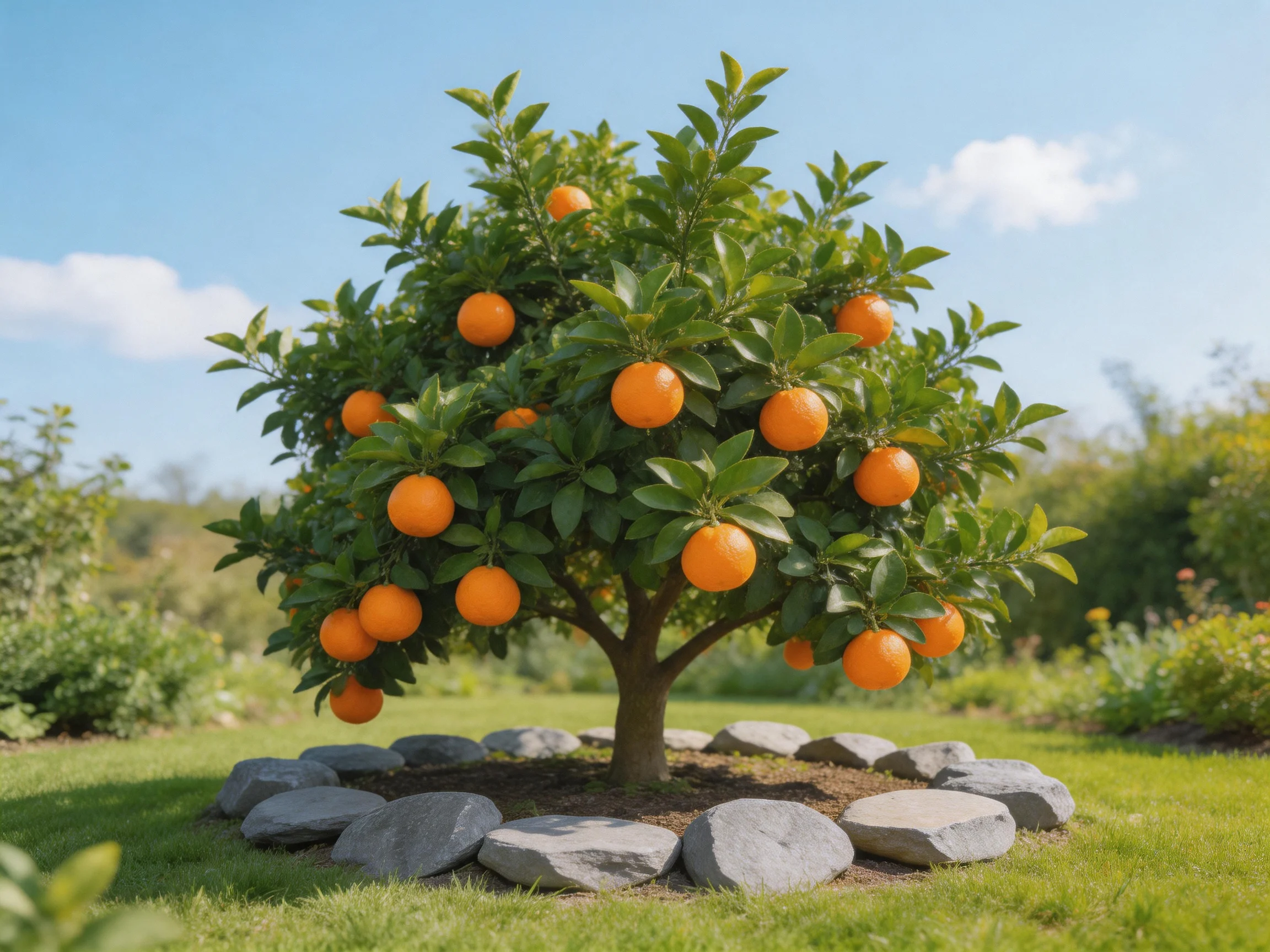 A small orange tree abundant with bright fruits near gray stones