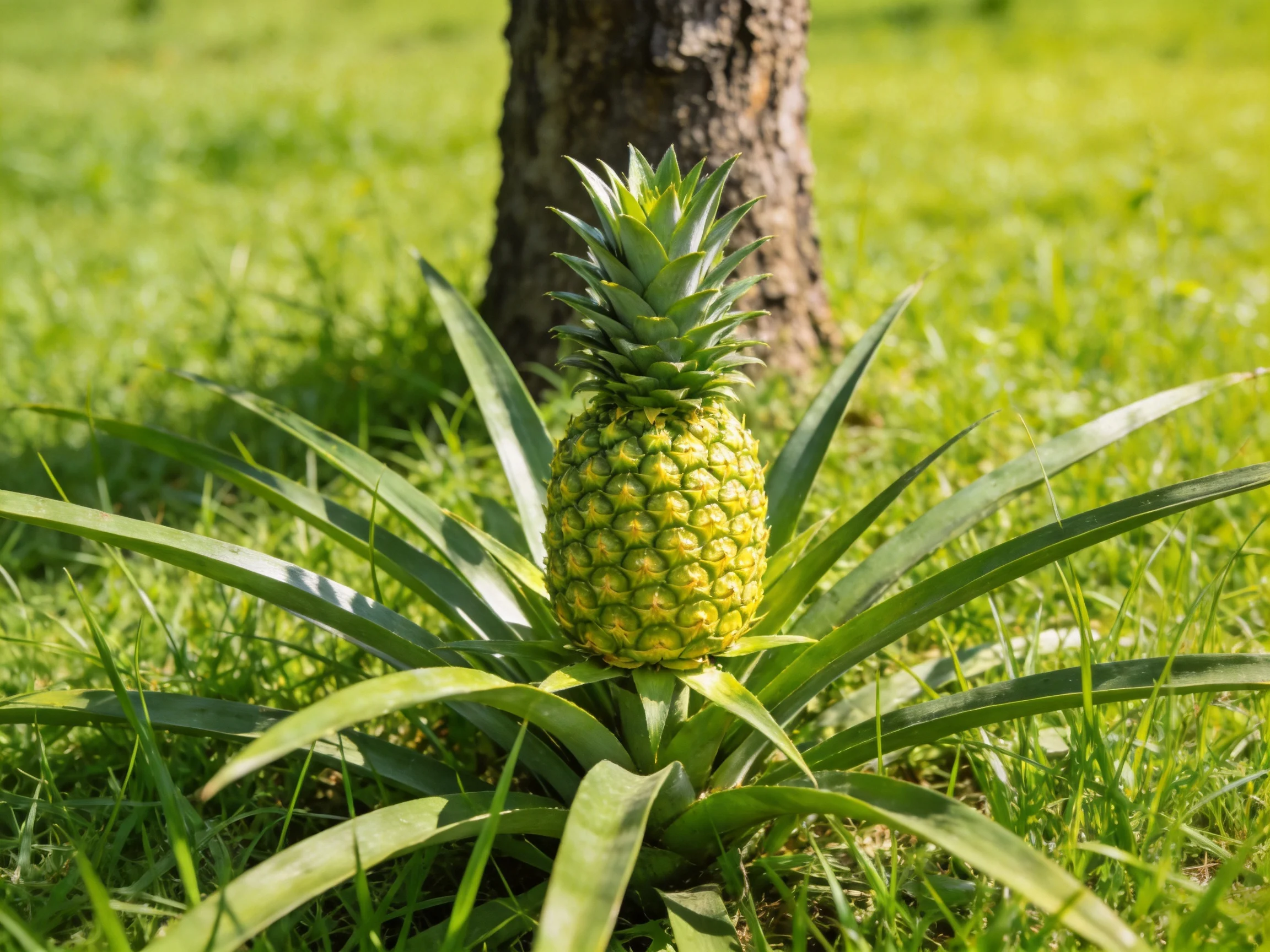 A small pineapple with spiky green top and broad leaves near a brown tree trunk