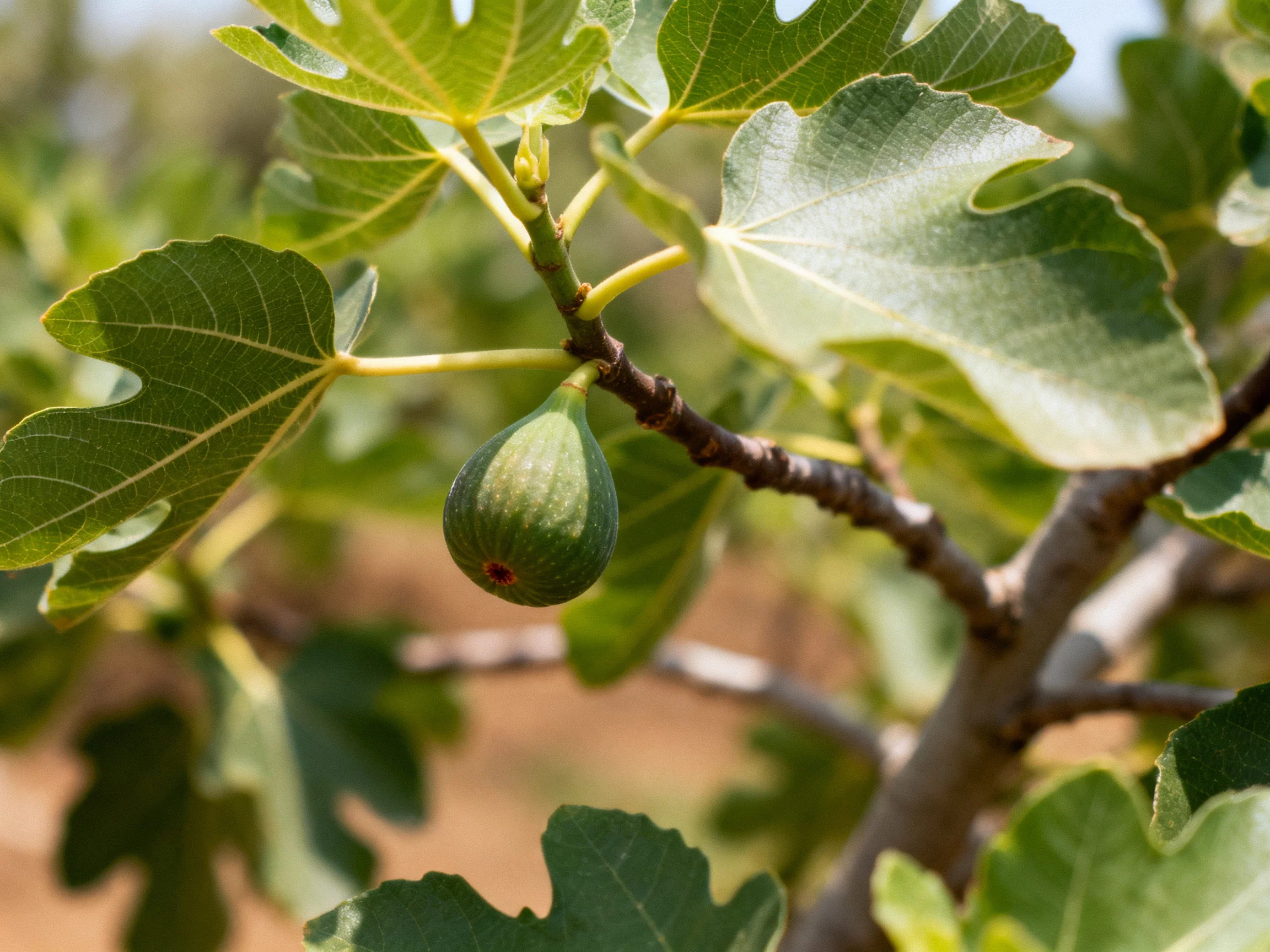 A small unripe fig grows amid broad textured fig tree leaves