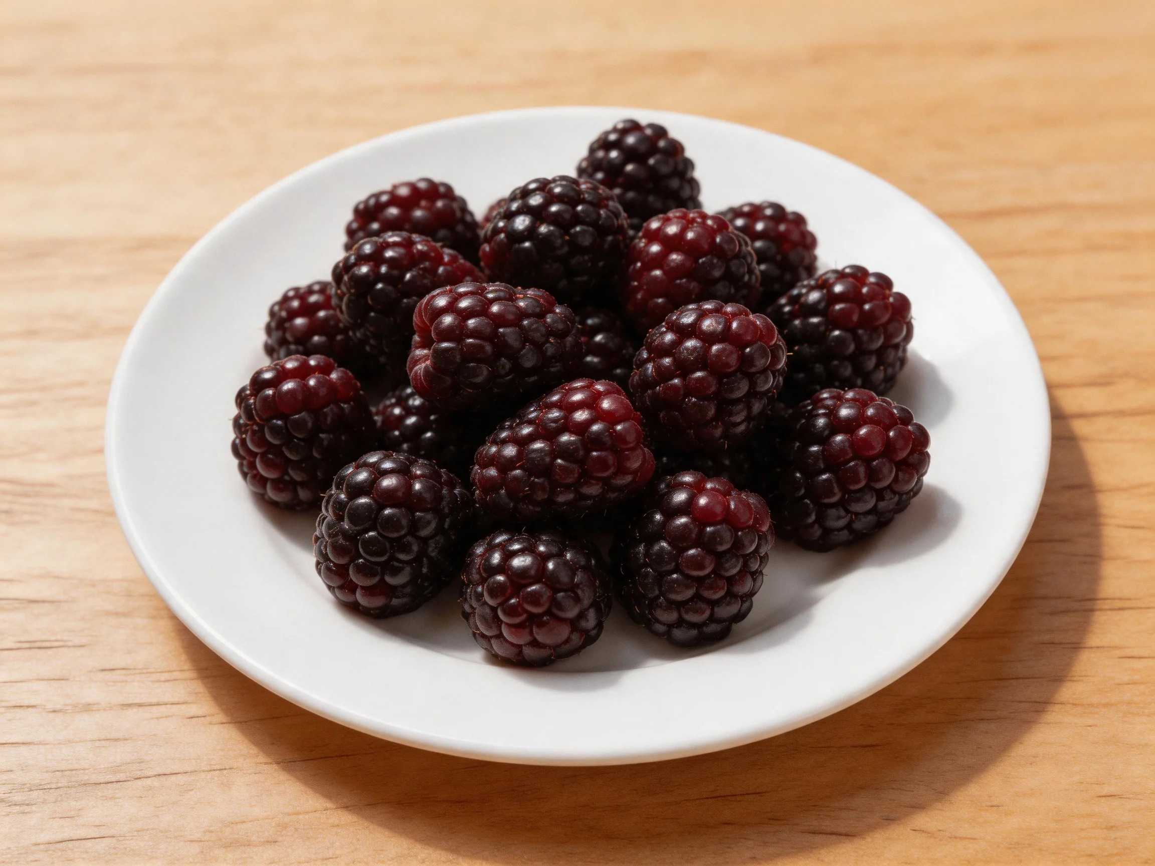 A small white plate holds numerous plump dark purple blackberries