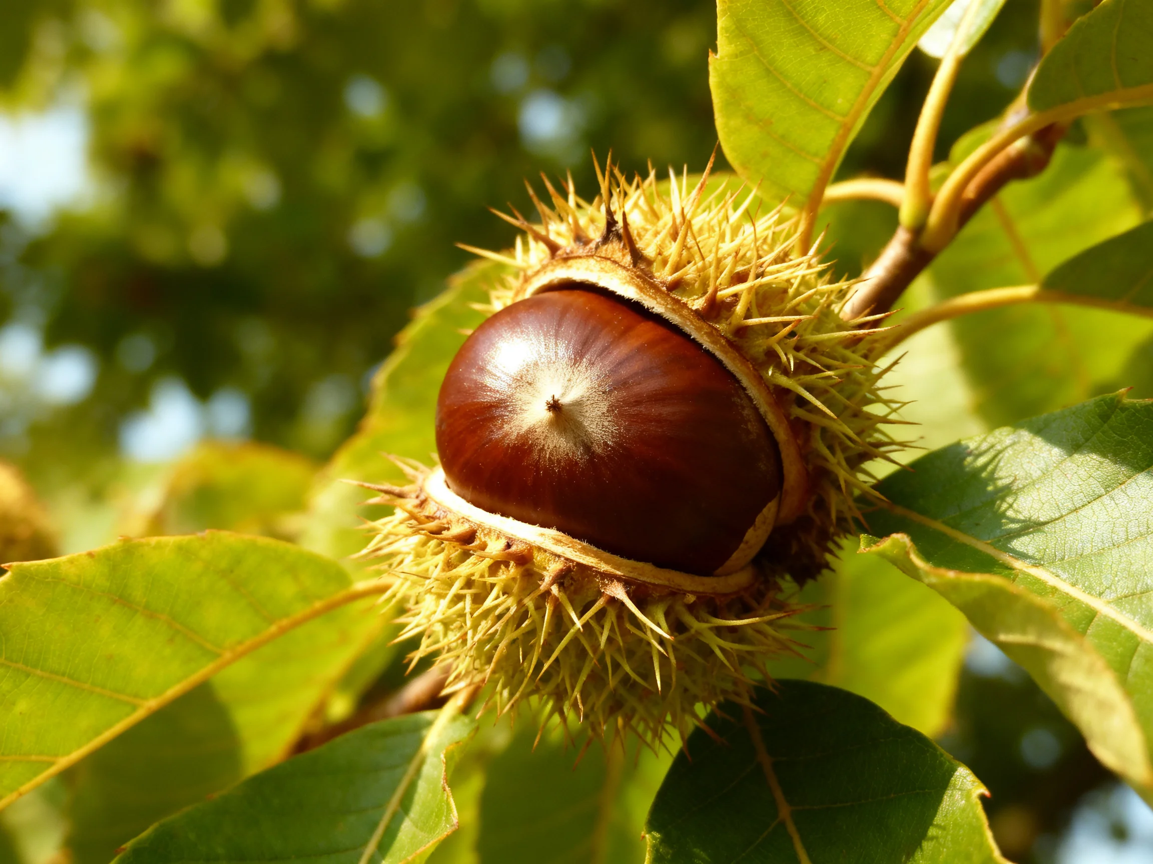 A spiky brown chestnut among vibrant green leaves
