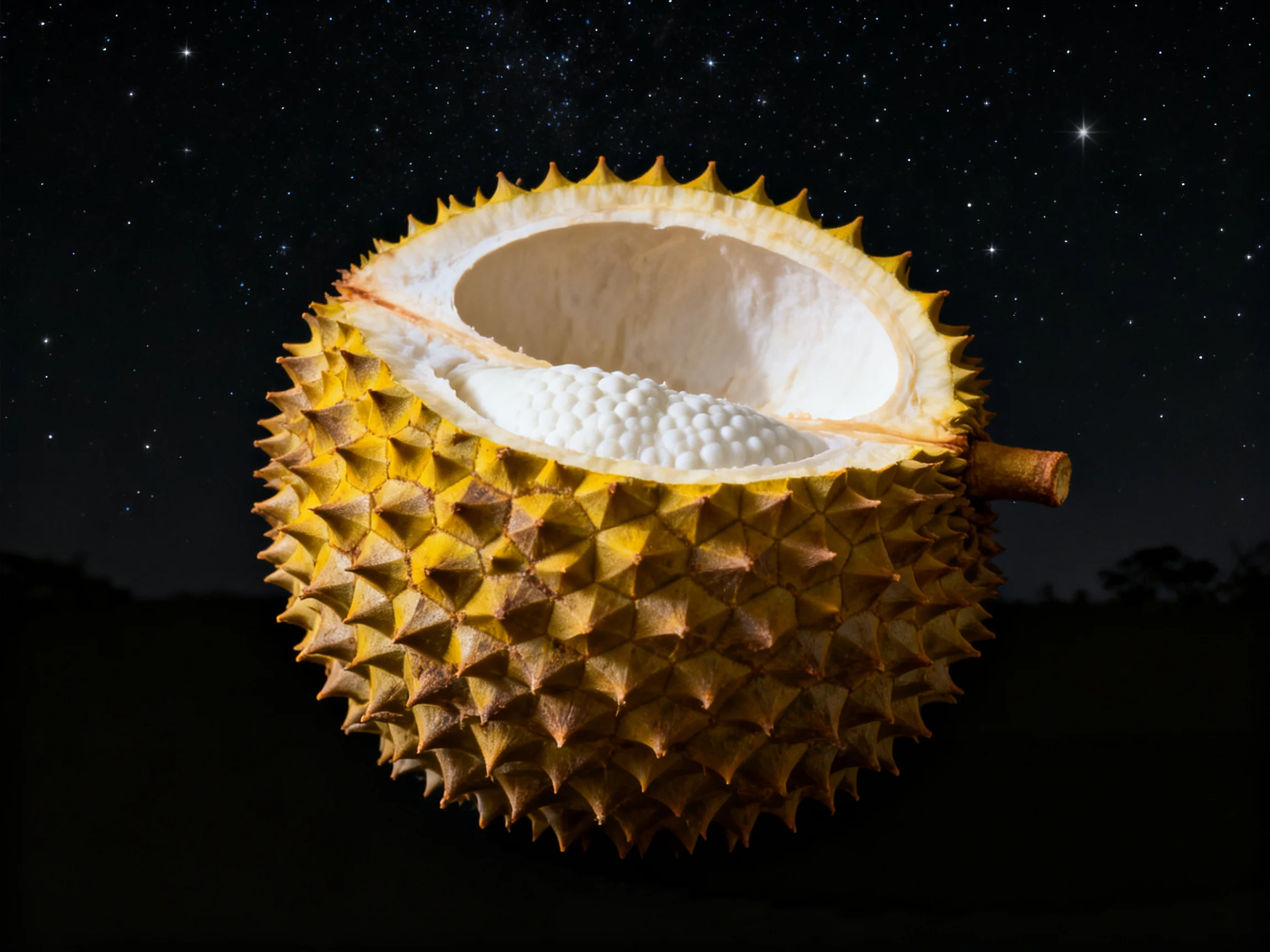 A spiky durian fruit split open under a starry night sky