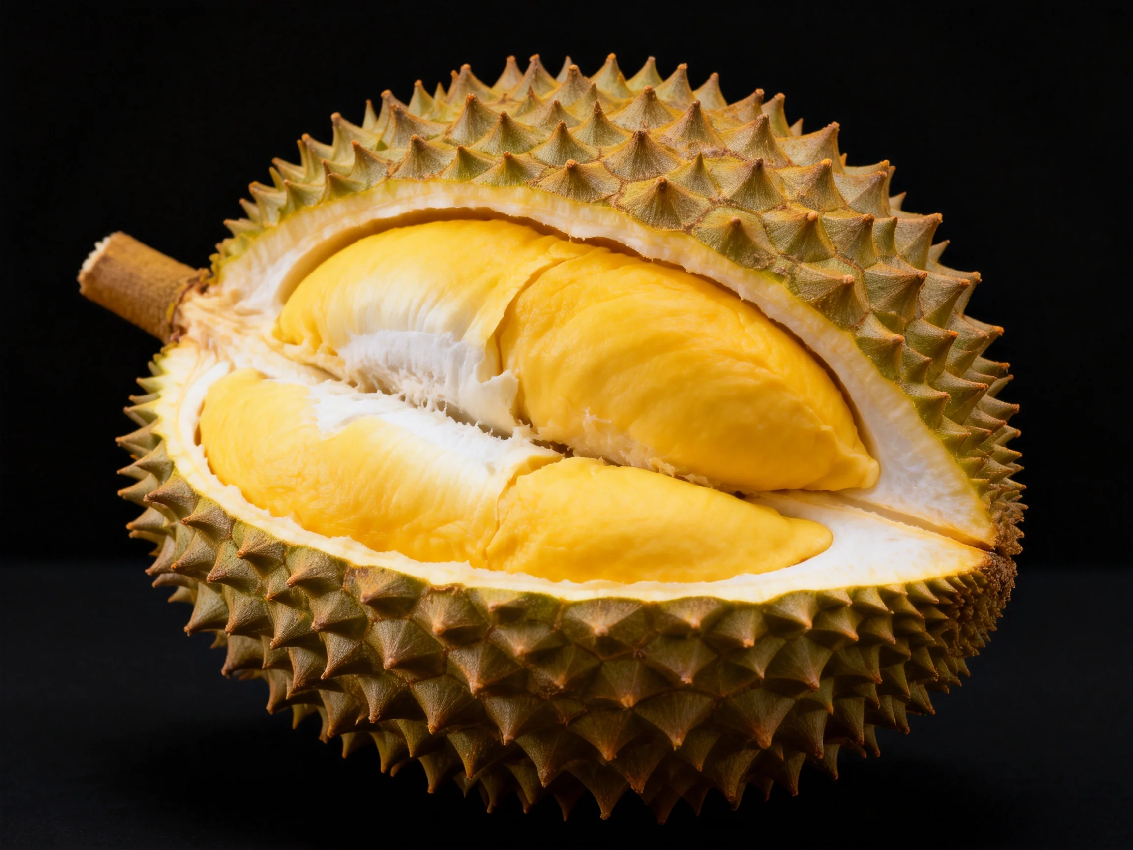 A spiky durian fruit with bright yellow flesh exposed