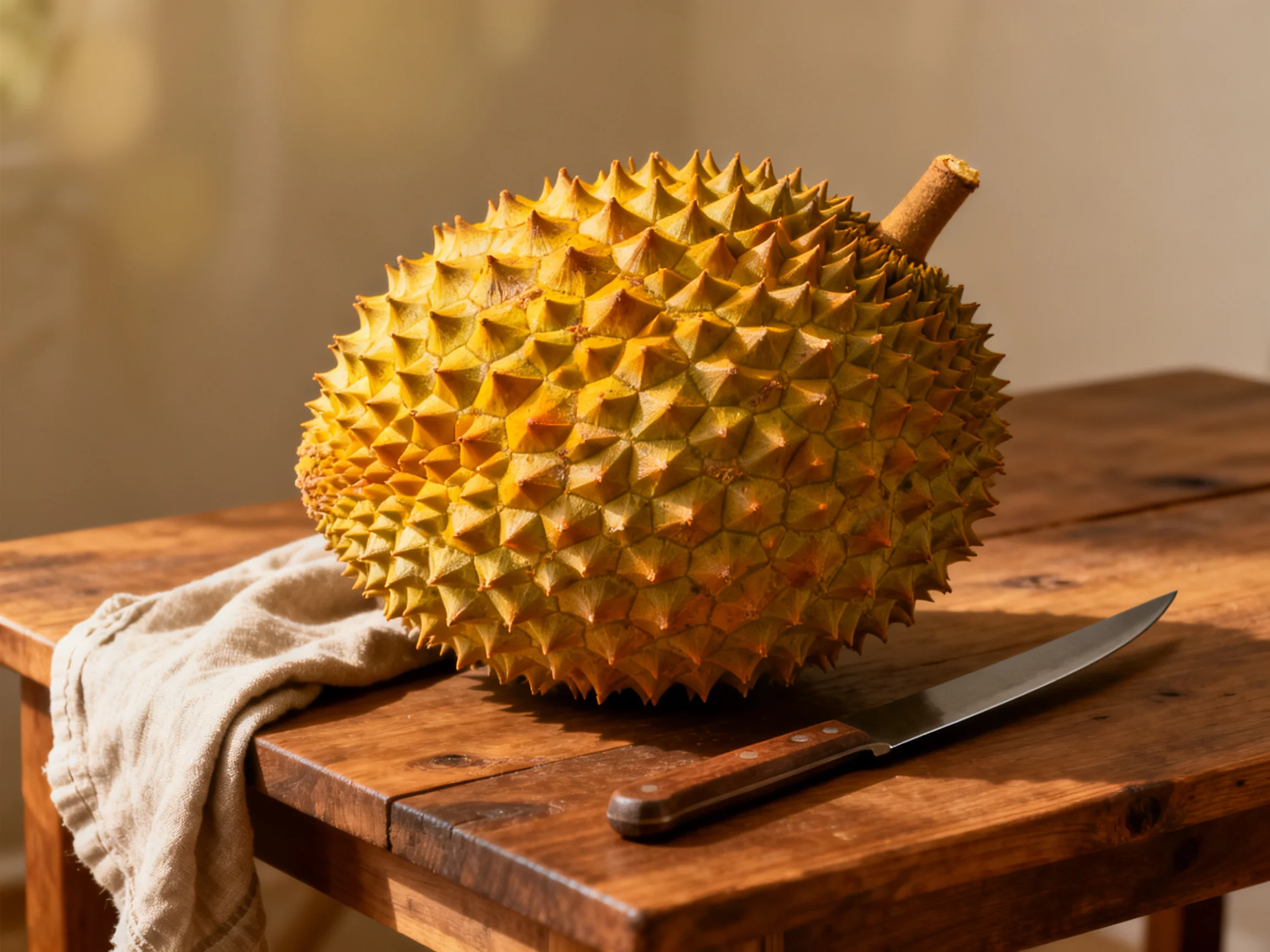 A spiky golden durian sits on a rustic wooden table