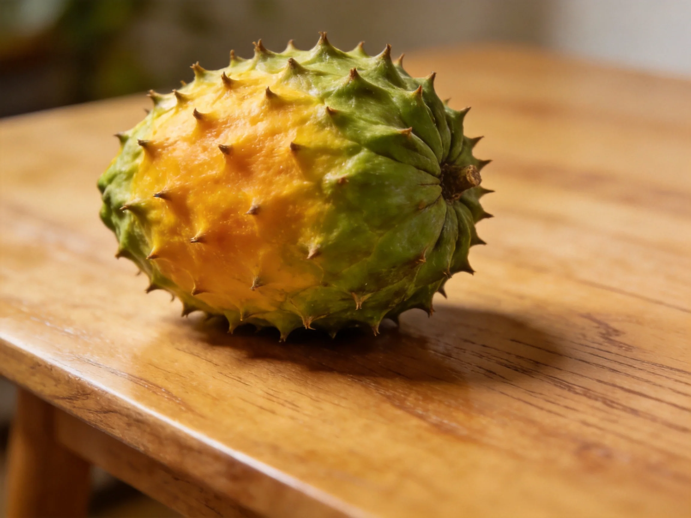 A spiky green and orange fruit sits on a wooden table