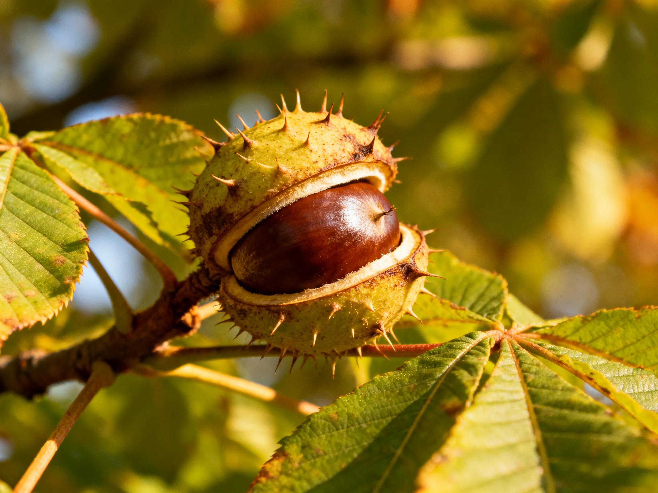 A spiky green chestnut pod holds a glossy brown seed