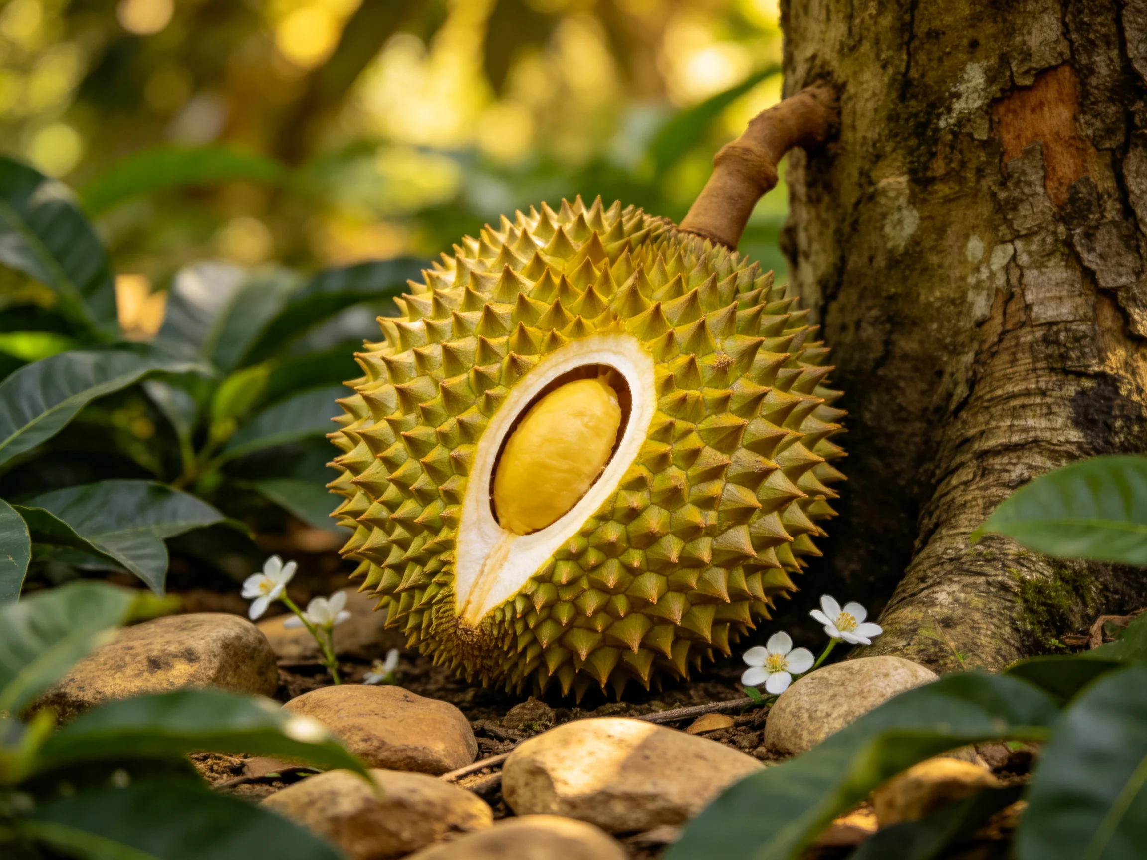 A spiky green-yellow durian rests by a tree trunk with rocks and flowers