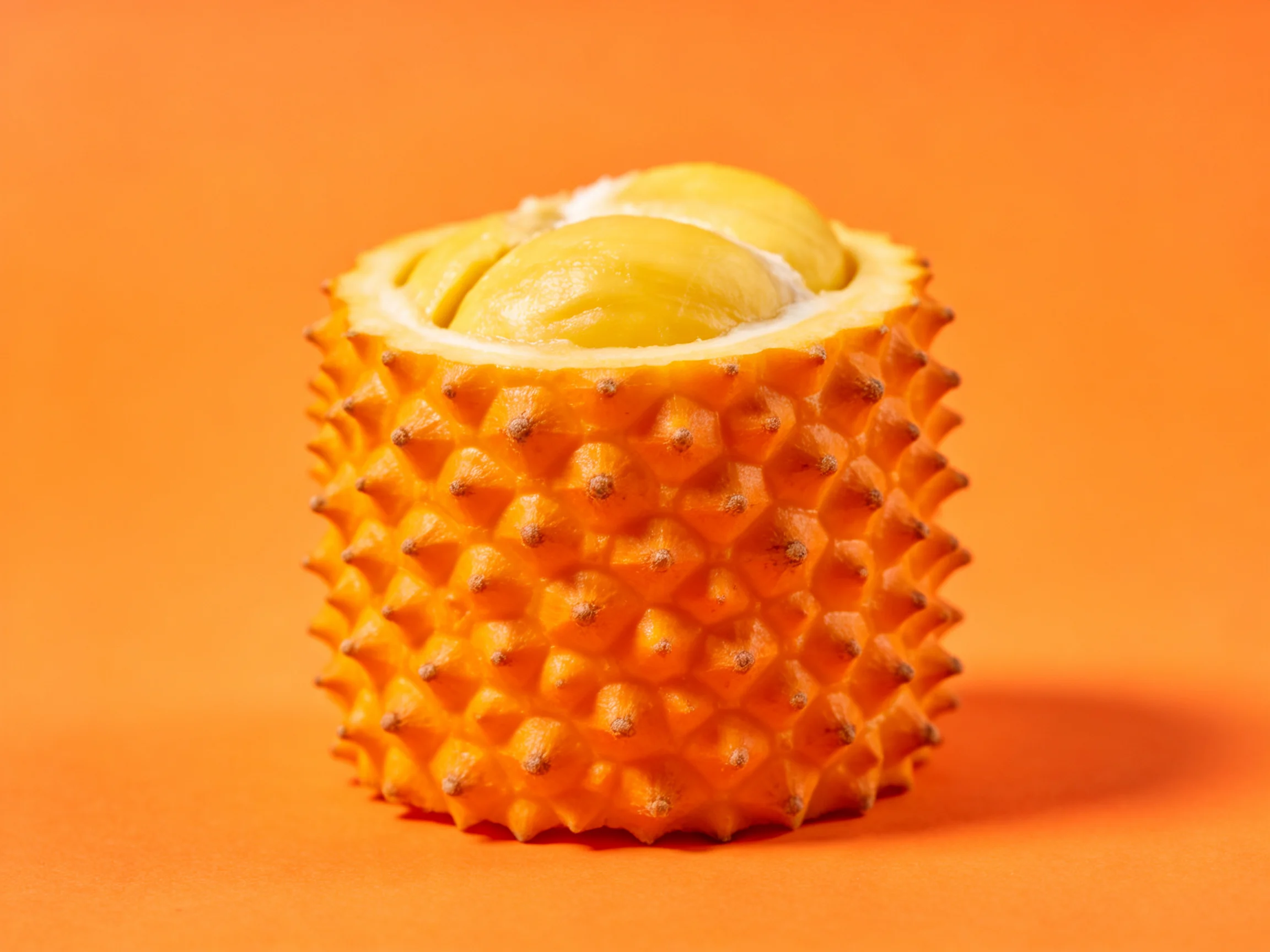 A spiky orange durian with bright yellow flesh exposed