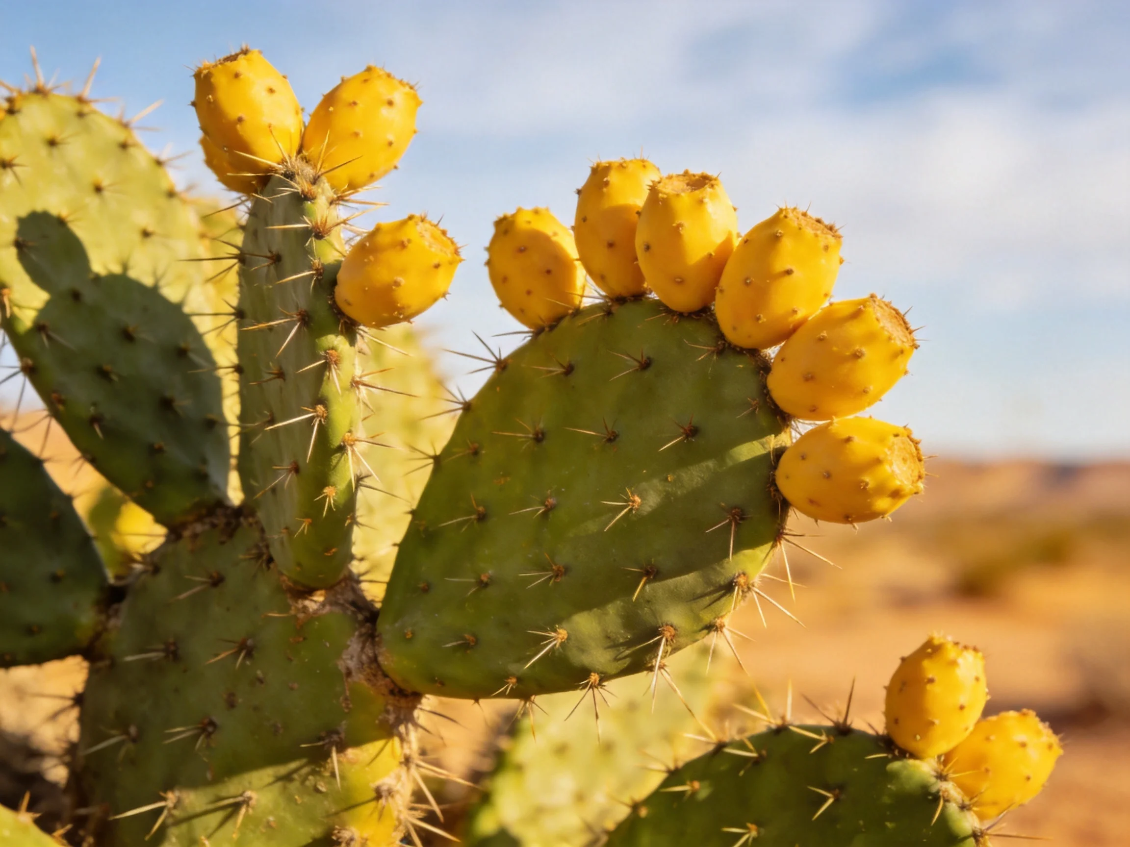 A spiny cactus with bright yellow fruit in a sunlit desert