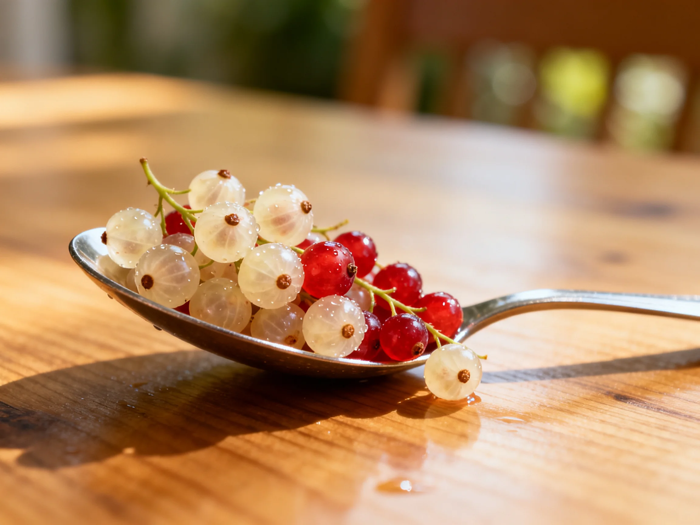 A spoon displays vibrant red and translucent white currants on a wooden table